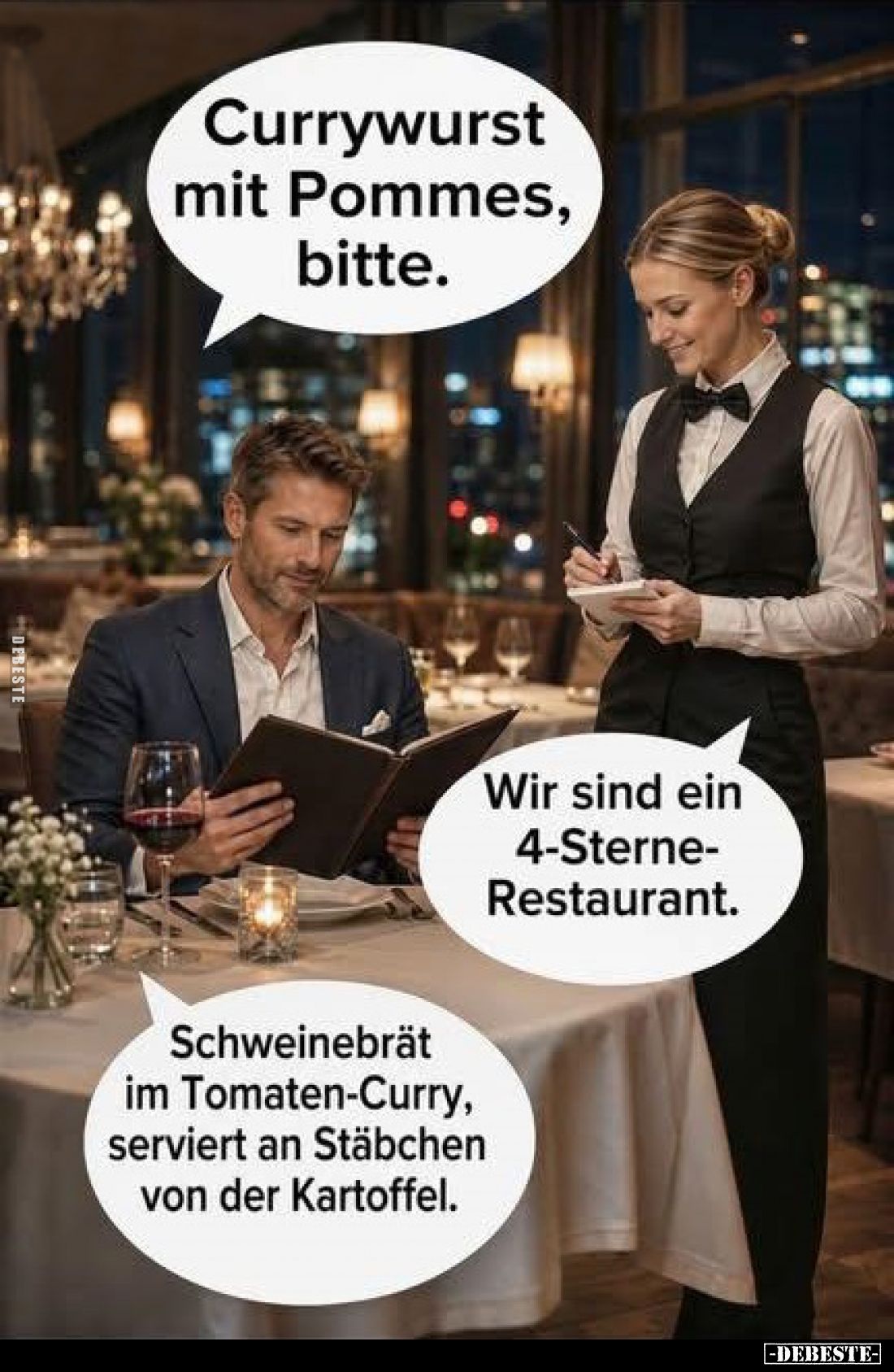 Currywurst mit Pommes, bitte.
Wir sind ein 4-Sterne-Restaurant.
Schweinebrät im Tomaten-Curry, serviert an Stäbchen von der...
