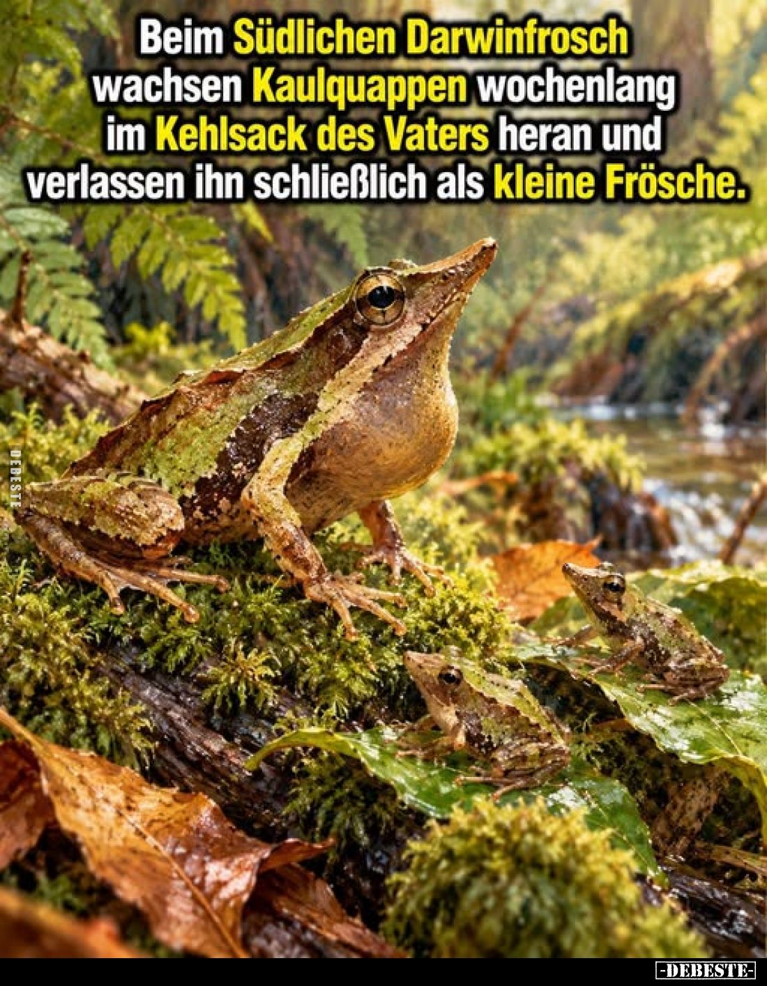 Beim Südlichen Darwinfrosch wachsen Kaulquappen wochenlang im Kehlsack des Vaters heran und verlassen ihn schließlich als kle...