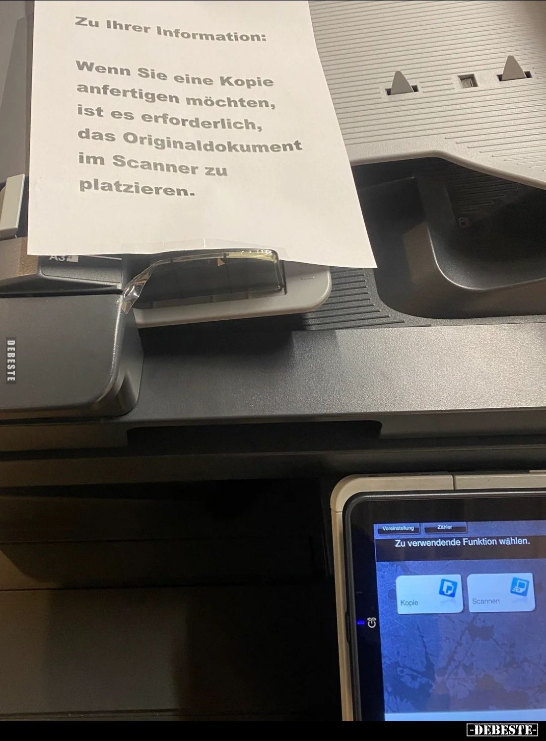 Zu Ihrer Information:
Wenn Sie eine Kopie anfertigen möchten, ist es erforderlich, das Originaldokument im Scanner zu platzi...