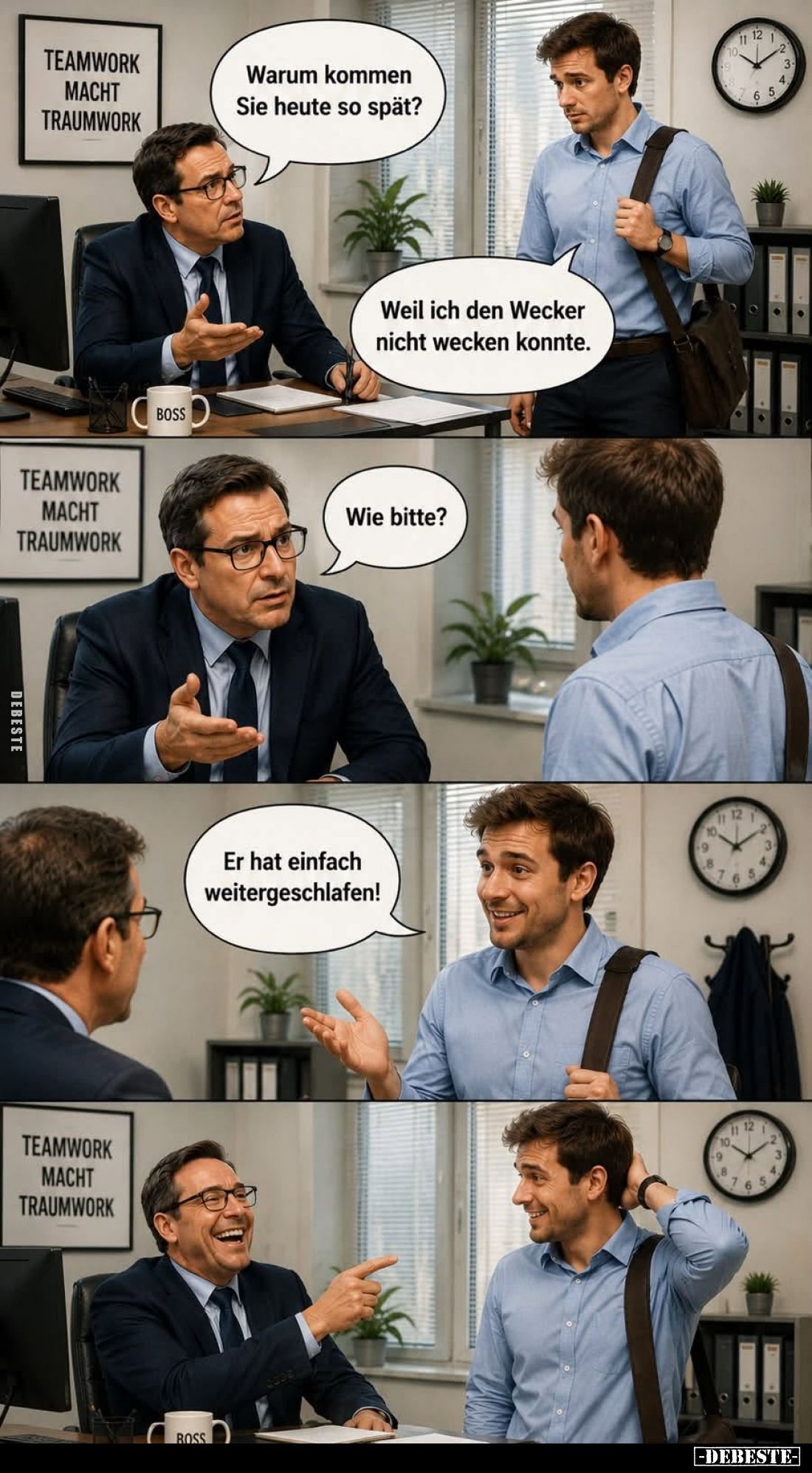 Warum kommen Sie heute so spät?
-
Weil ich den Wecker nicht wecken konnte. -
Wie bitte? -
Er hat einfach weitergeschlafen...