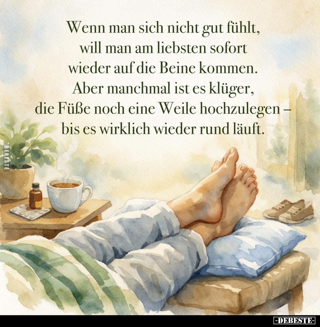Wenn man sich nicht gut fühlt, will man am liebsten sofort wieder auf die Beine kommen.
Aber manchmal ist es klüger, die Füß...