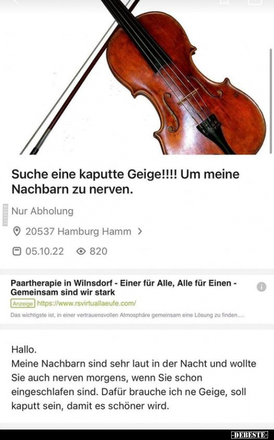Suche eine kaputte Geige!!!! Um meine Nachbarn zu.. - Lustige Bilder | DEBESTE.de
