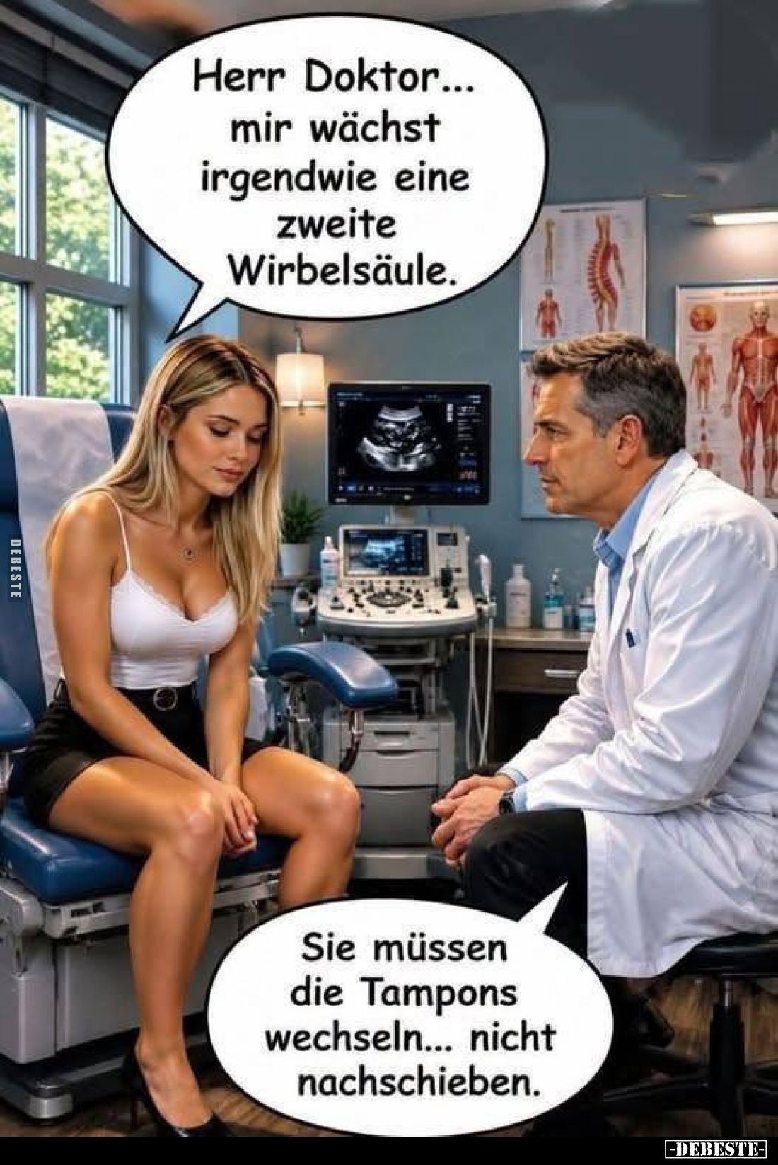 Herr Doktor...
mir wächst
irgendwie eine
zweite
Wirbelsäule.

Sie müssen
die Tampons
wechseln... nicht
nachschieben....