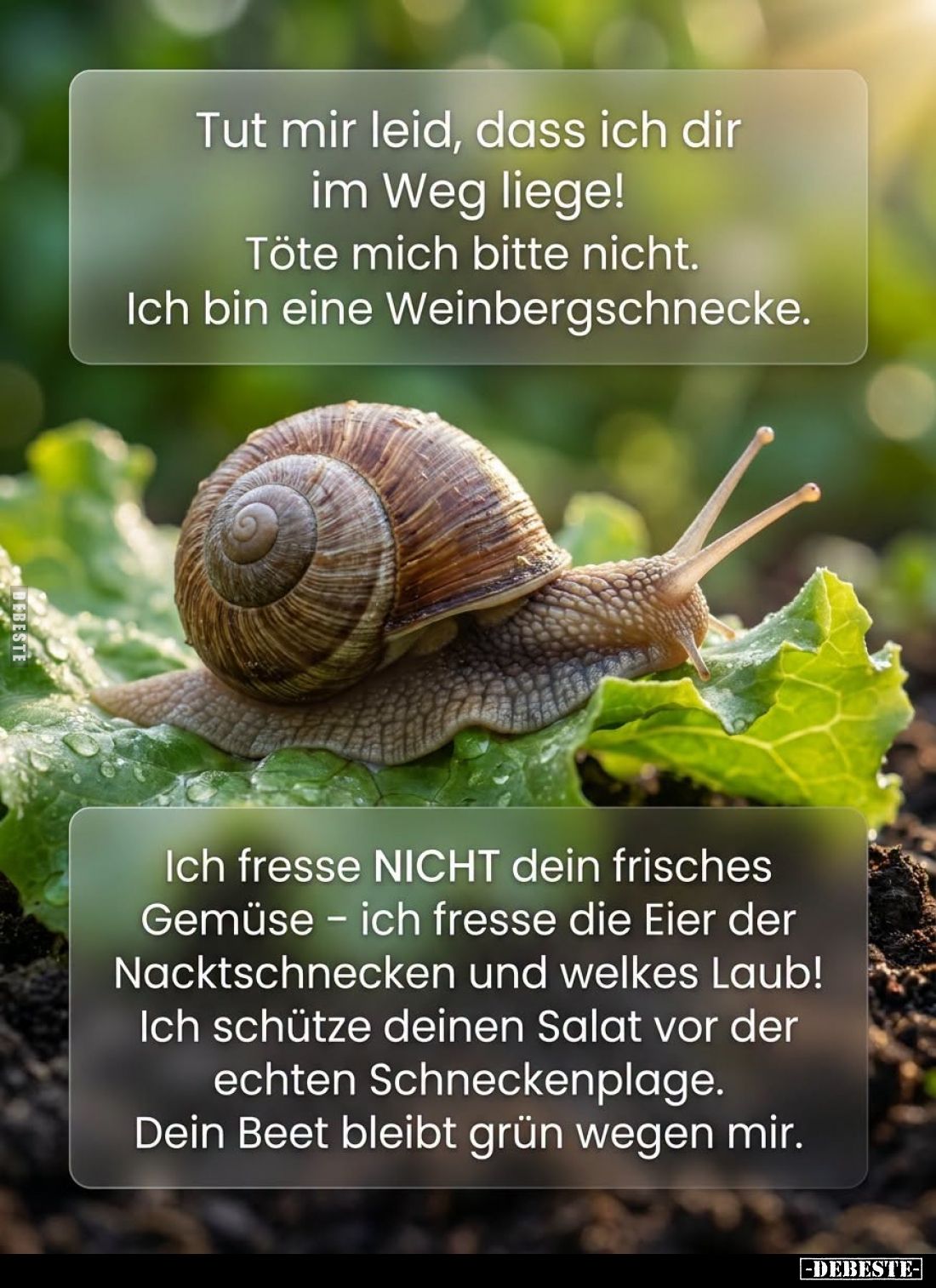 Tut mir leid, dass ich dir im Weg liege! Töte mich bitte nicht. Ich bin eine Weinbergschnecke.
Ich fresse NICHT dein frische...
