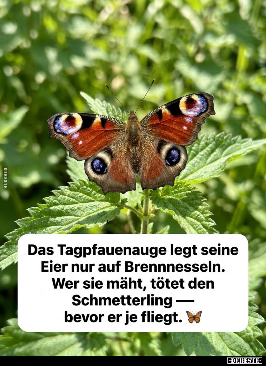 Das Tagpfauenauge legt seine Eier nur auf Brennnesseln.
Wer sie mäht, tötet den Schmetterling - bevor er je fliegt.
