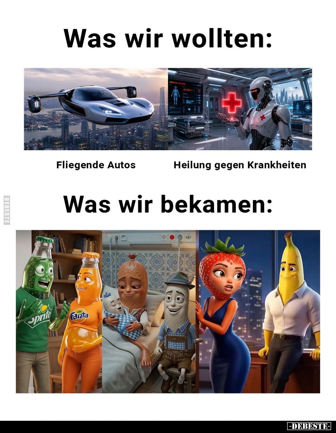 Was wir wollten:
Fliegende Autos;
Heilung gegen Krankheiten. -
Was wir bekamen: