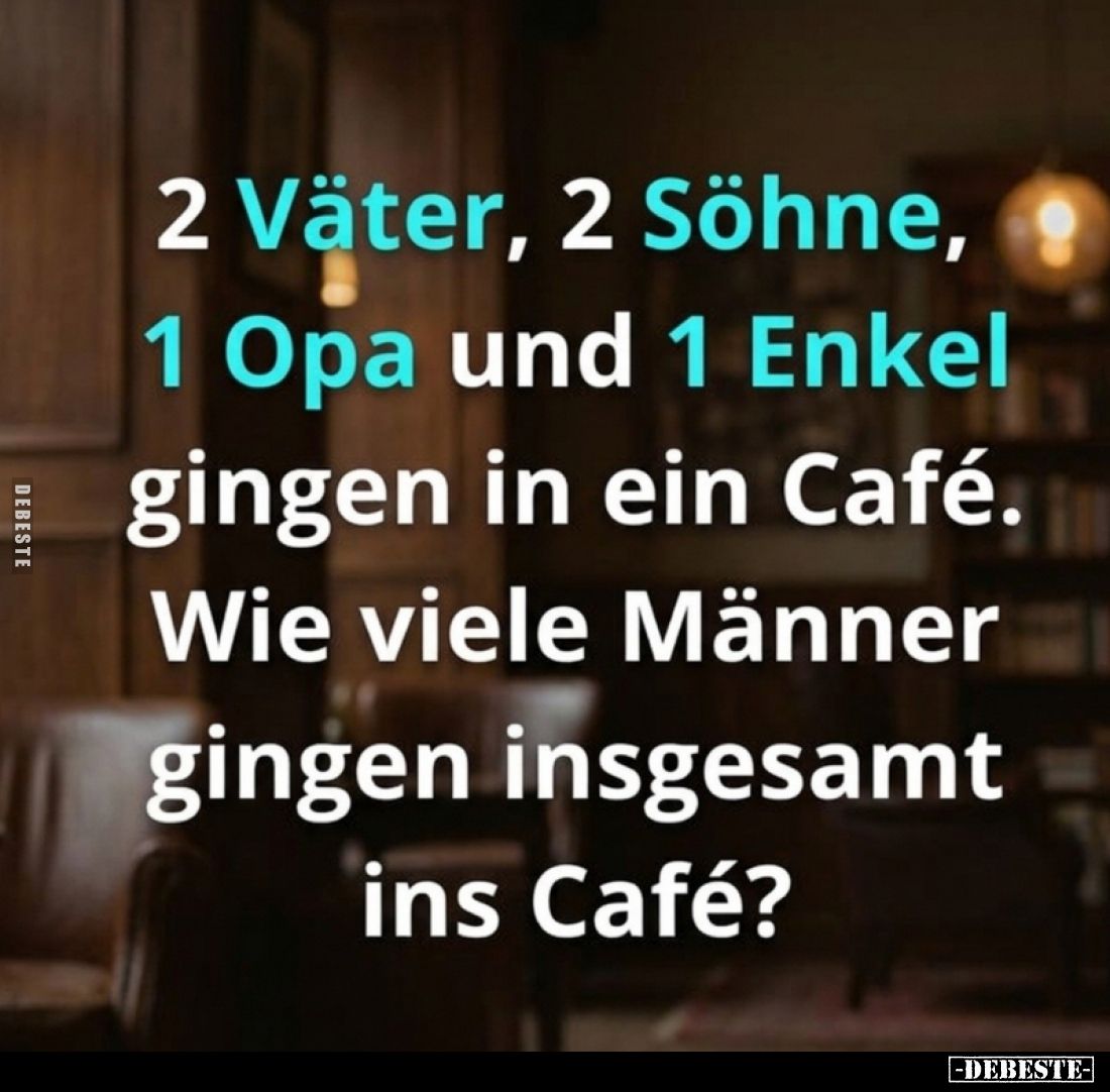 2 Väter, 2 Söhne, 1 Opa und 1 Enkel gingen in ein Café.
Wie viele Männer gingen insgesamt ins Café?