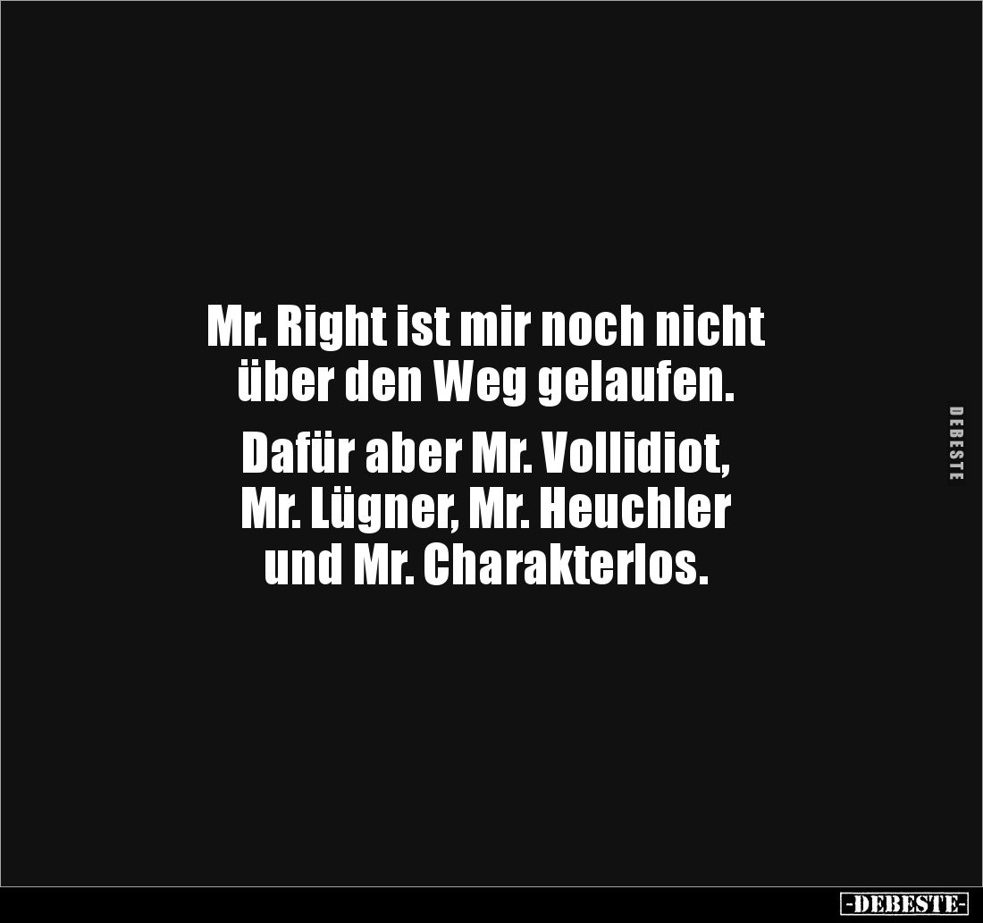 Mr. Right ist mir noch nicht 
über den Weg gelaufen. 

Dafür aber Mr. Vollidiot, 
Mr. Lügner, Mr. Heuchler 
und Mr. Char...