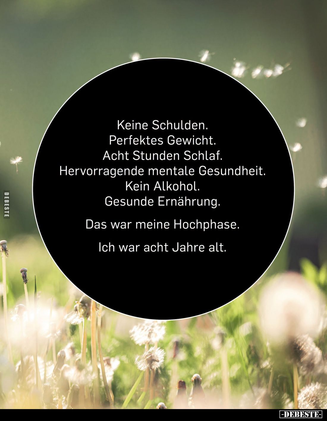 Keine Schulden.
Perfektes Gewicht.
Acht Stunden Schlaf.
Hervorragende mentale Gesundheit.
Kein Alkohol.
Gesunde Ernährun...