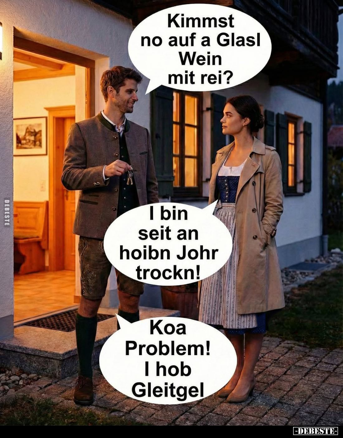 Kimmst no auf a Glasl Wein mit rei? -
I bin seit an hoibn Johr trockn! -
Koa Problem!
I hob Gleitgel