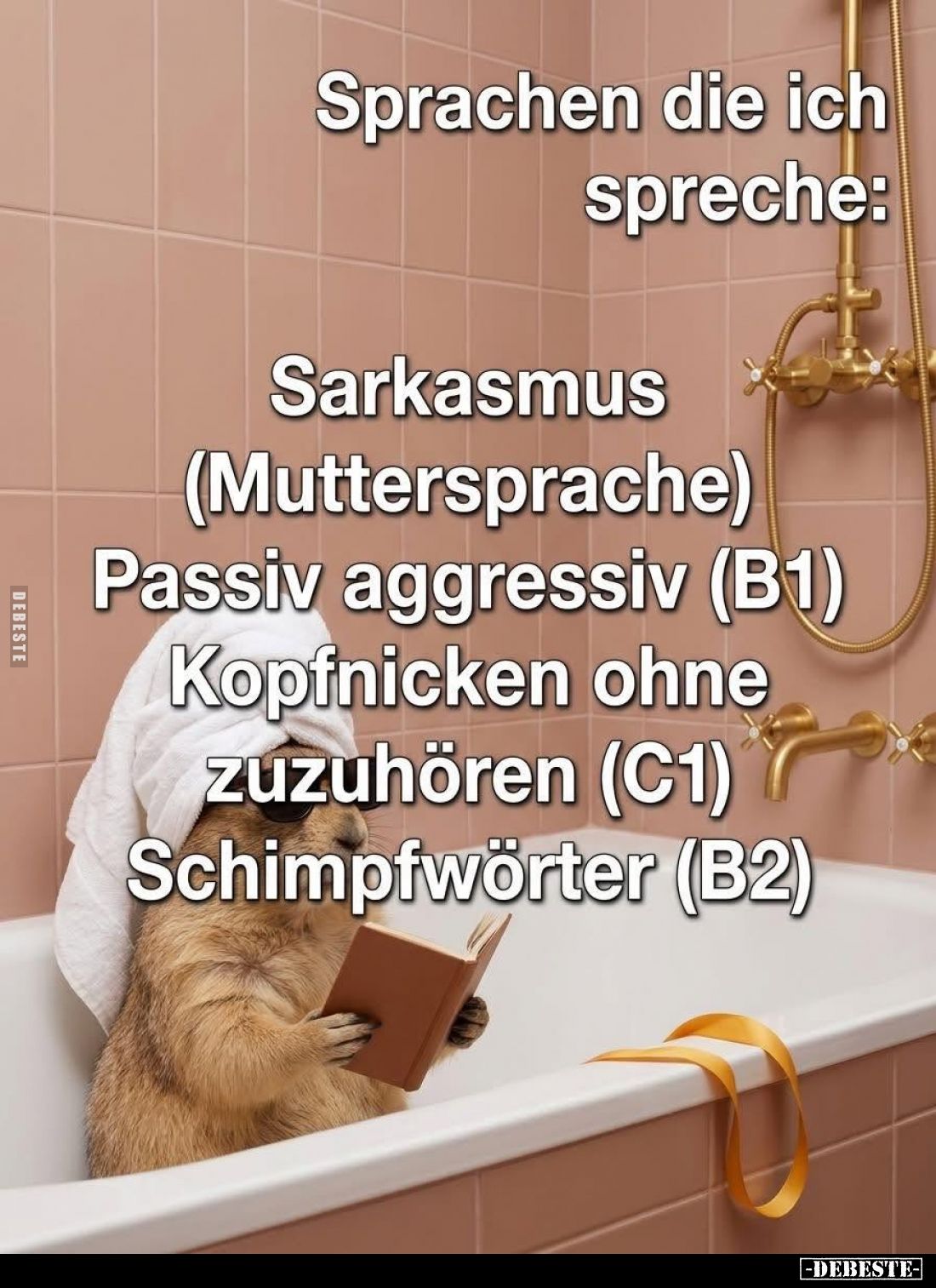 Sprachen die ich spreche:
Sarkasmus
(Muttersprache) -
Passiv aggressiv (B1) -
Kopfnicken ohne
zuzuhören (C1) -
Schimpfw...