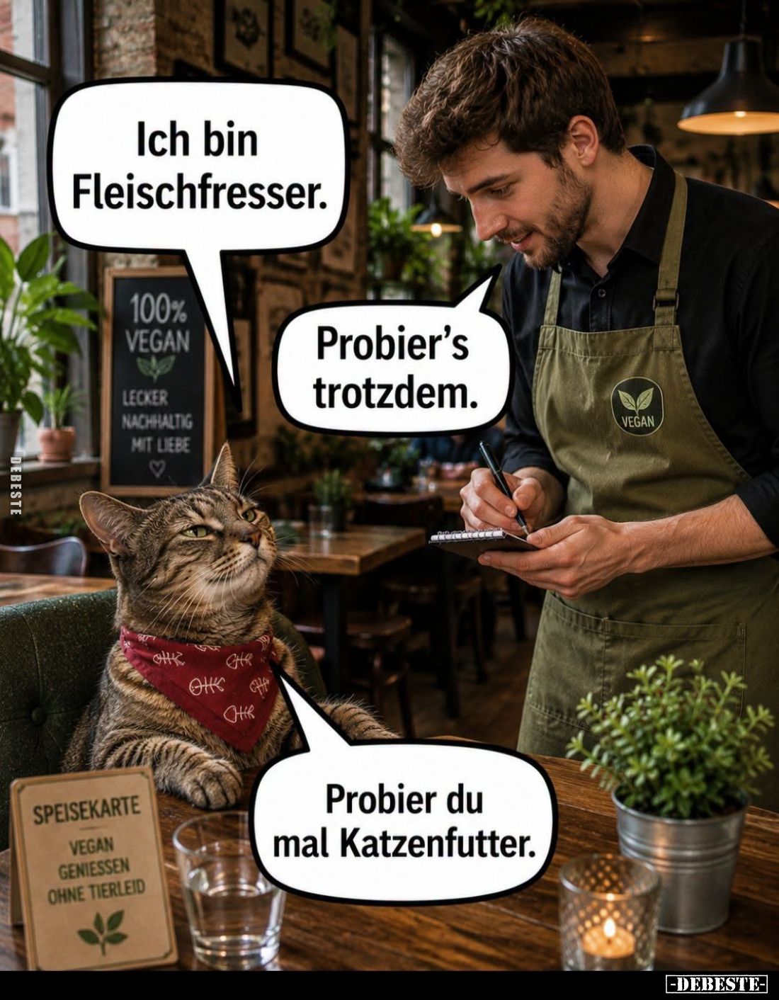 Ich bin Fleischfresser. - Probier's trotzdem. - Probier du mal Katzenfutter.