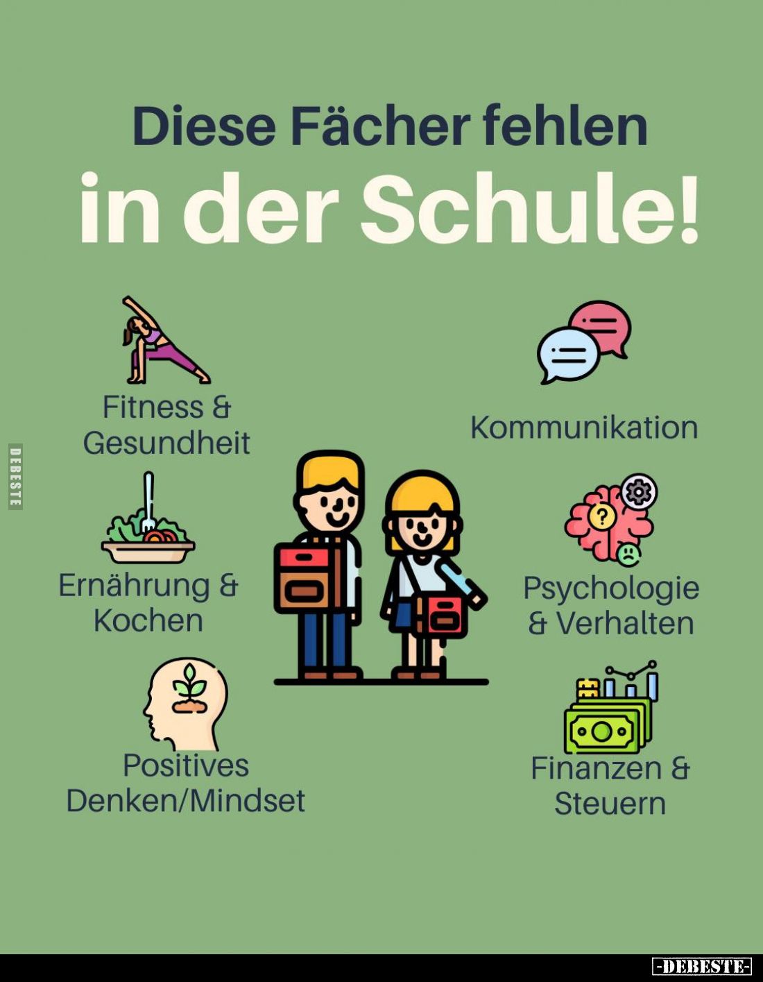 Diese Fächer fehlen in der Schule!
Fitness & Gesundheit
Kommunikation
Ernährung & Kochen
Psychologie & Verhal...