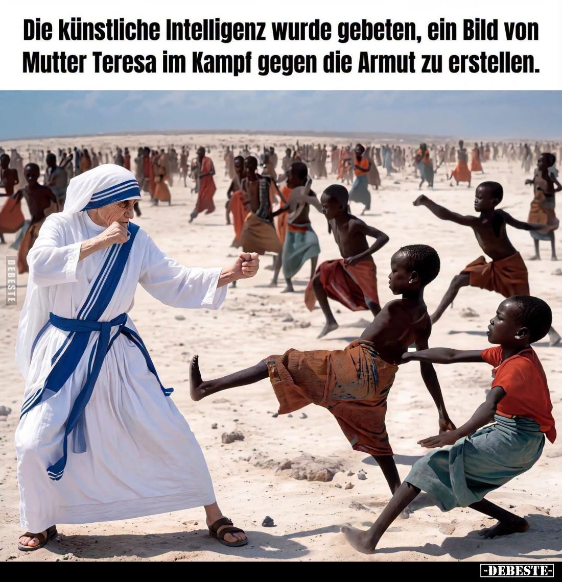 Die künstliche Intelligenz wurde gebeten, ein Bild von Mutter Teresa im Kampf gegen die Armut zu erstellen.
