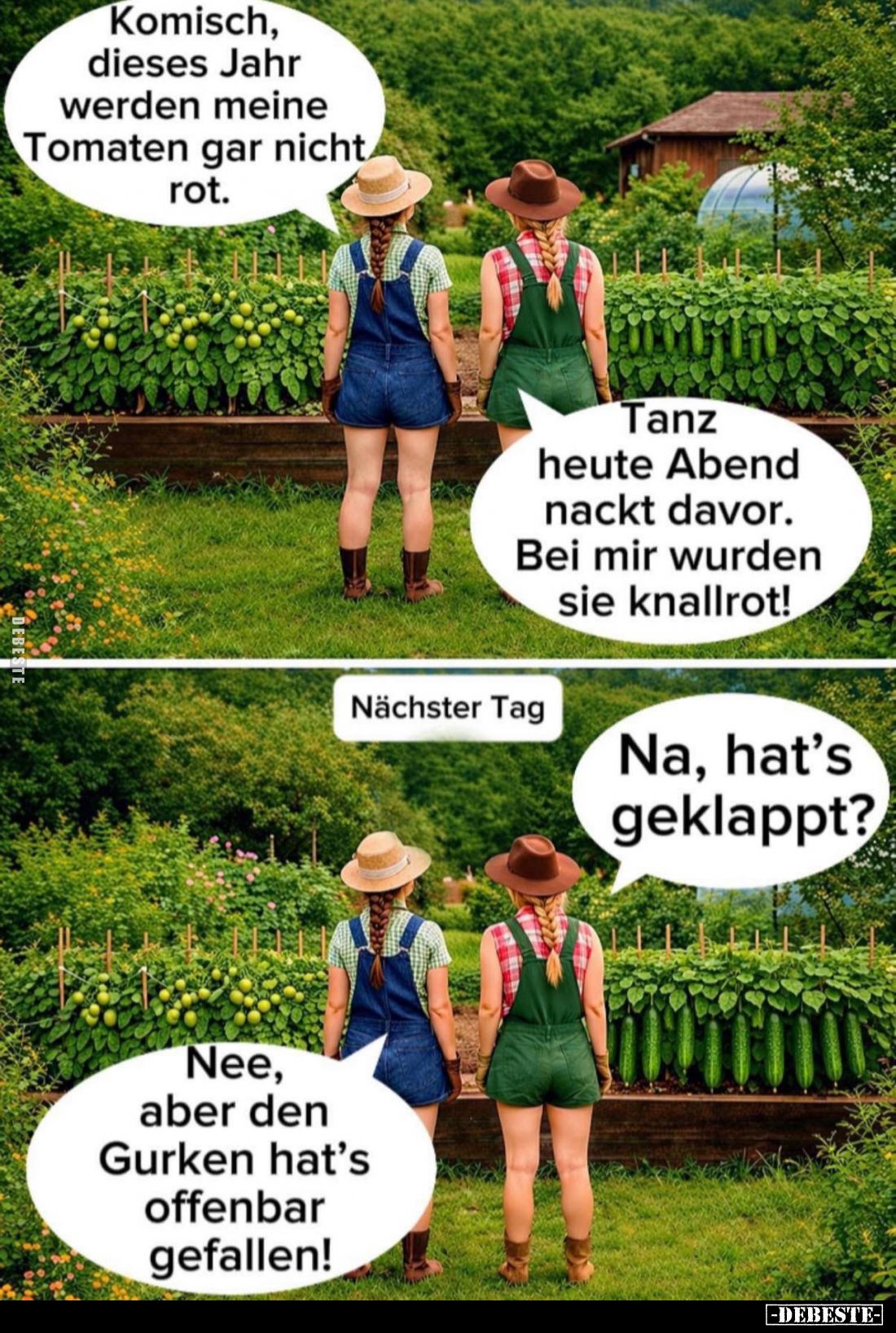 Komisch, dieses Jahr werden meine Tomaten gar nicht rot. -
Tanz heute Abend nackt davor.
Bei mir wurden sie knallrot!
-
N...