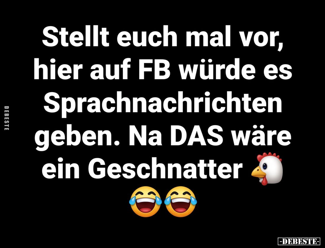 Stellt euch mal vor, hier auf FB würde es Sprachnachrichten geben.
Na das wäre ein Geschnatter.