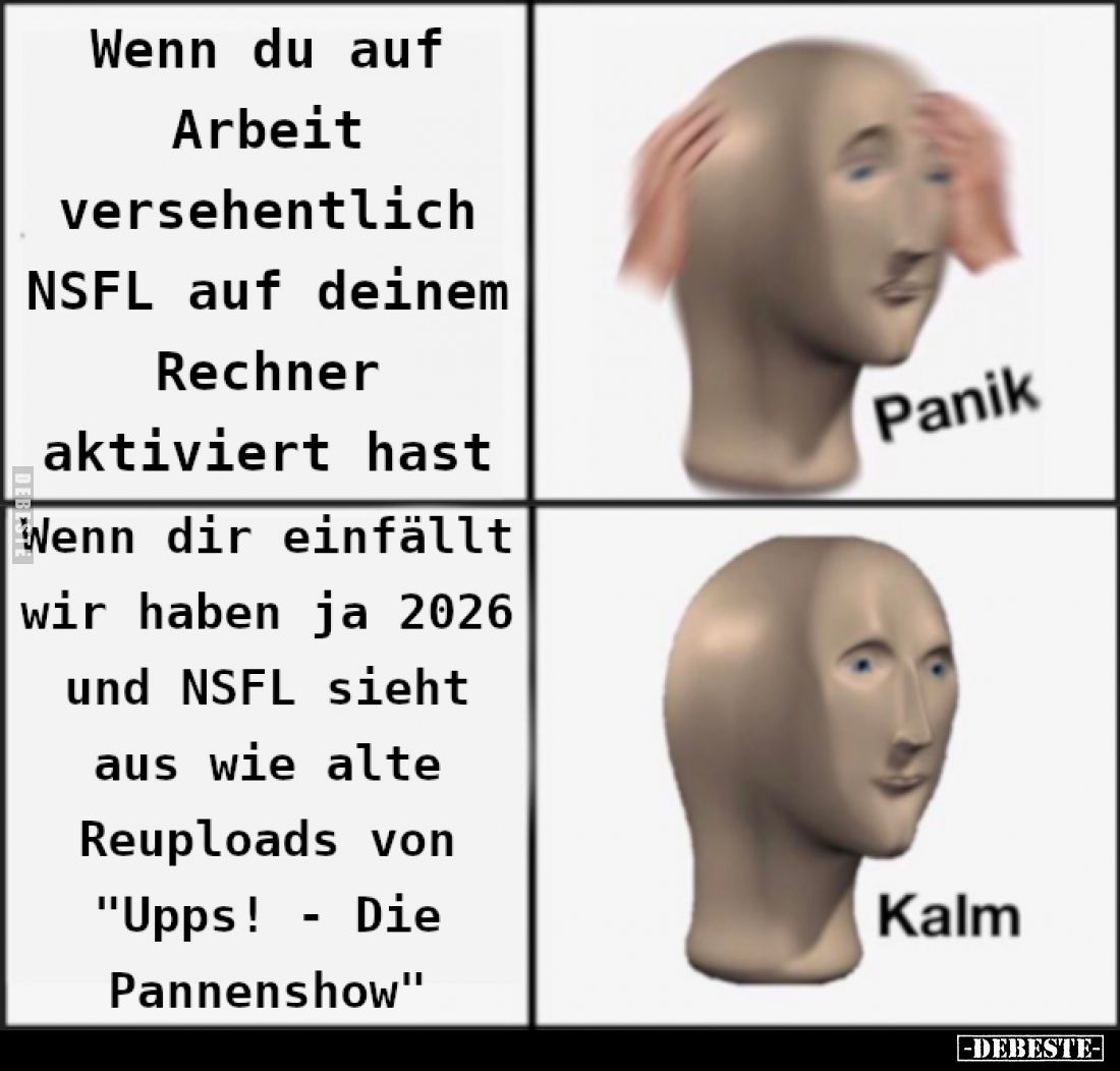 Wenn du auf
Arbeit
versehentlich
NSFL auf deinem
Rechner
aktiviert hast/Wenn dir einfällt wir haben ja 2026 und NSFL sie...