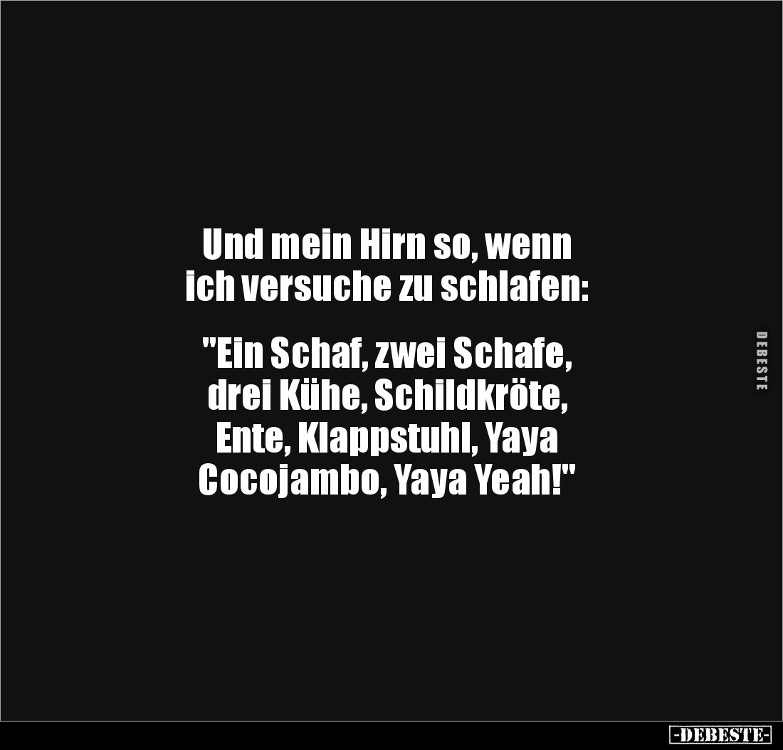 Und mein Hirn so, wenn
ich versuche zu schlafen:
"Ein Schaf, zwei Schafe,
drei Kühe, Schildkröte,
Ente, Klap...