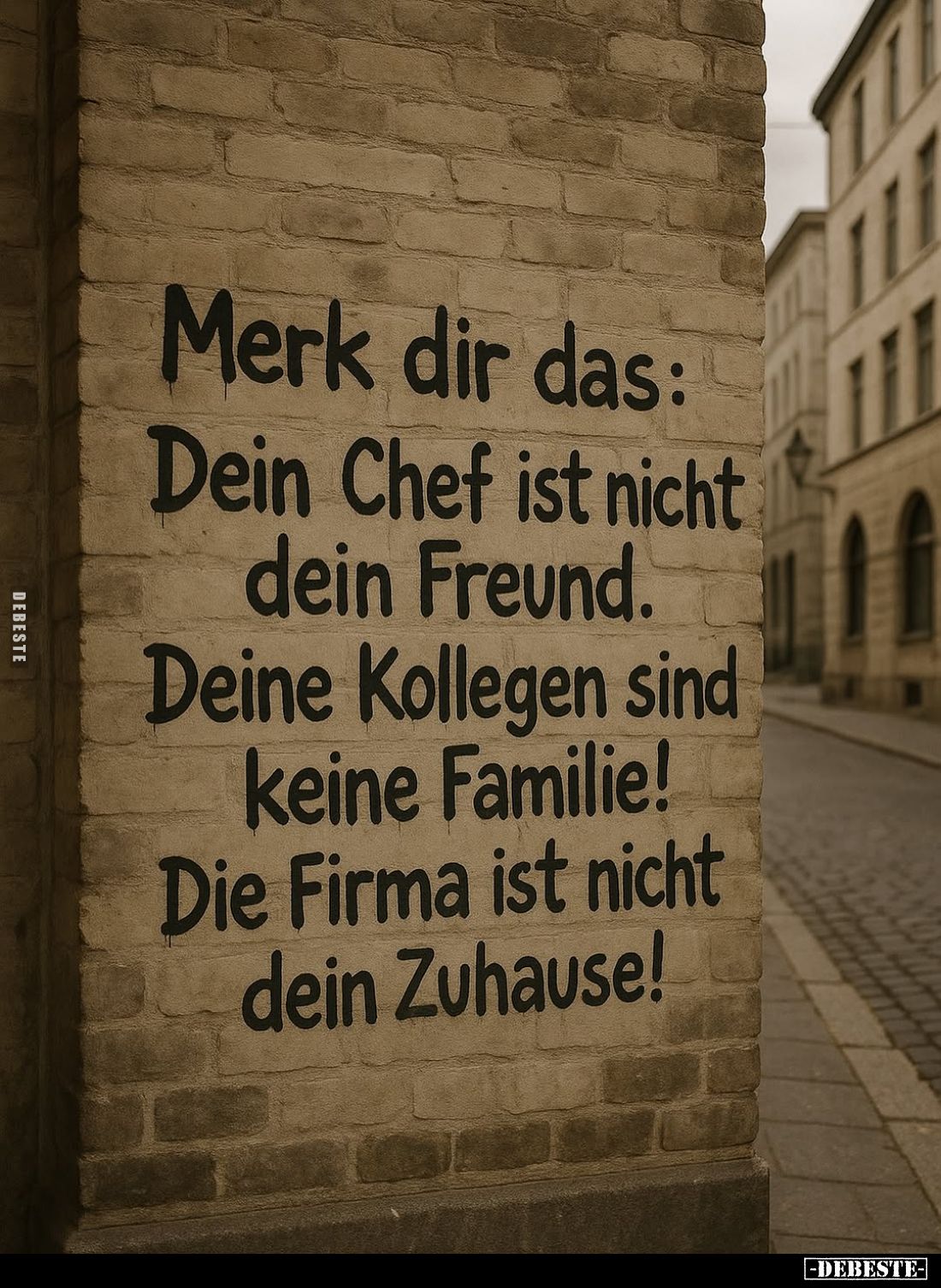 Merk dir das:
Dein Chef ist nicht dein Freund.
Deine Kollegen sind keine Familie!
Die Firma ist nicht dein Zuhause!