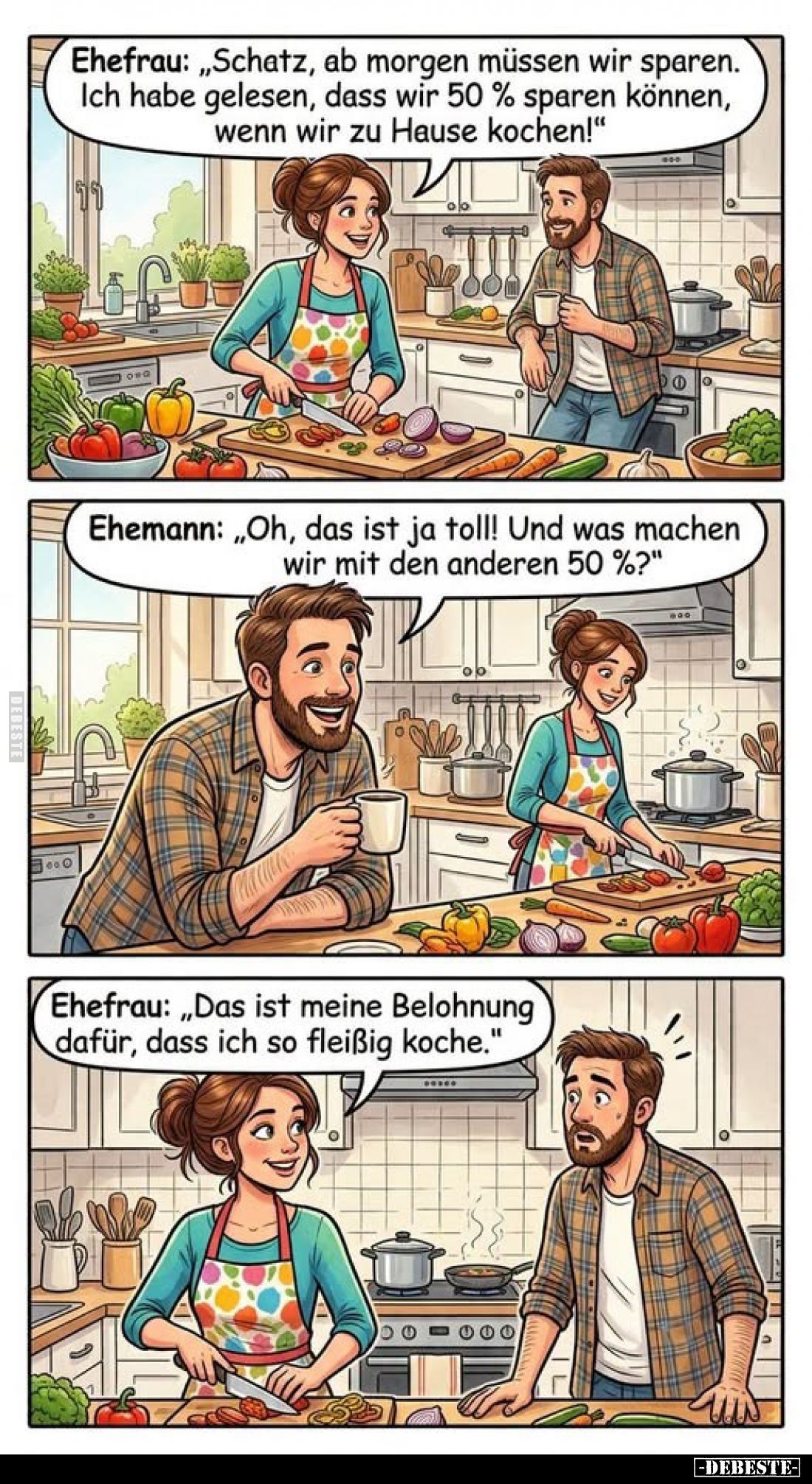 Ehefrau: „Schatz, ab morgen müssen wir sparen. Ich habe gelesen, dass wir 50% sparen können, wenn wir zu Hause kochen!"
...