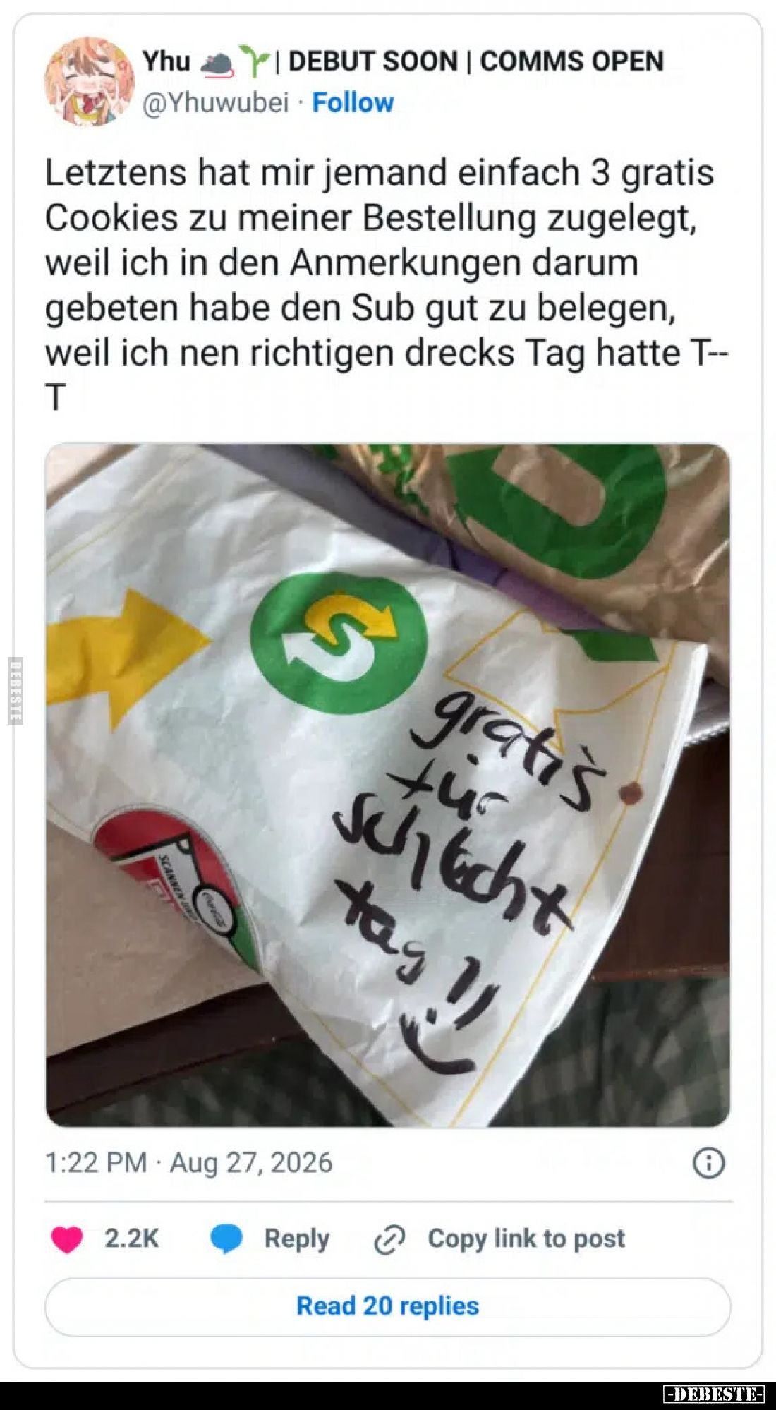 Letztens hat mir jemand einfach 3 gratis Cookies zu meiner Bestellung zugelegt, weil ich in den Anmerkungen darum gebeten hab...