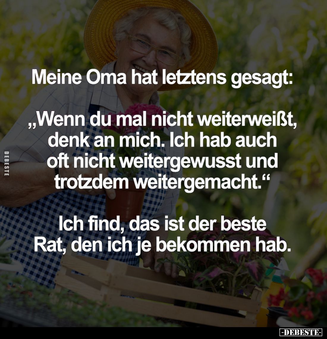 Meine Oma hat letztens gesagt:
"Wenn du mal nicht weiterweißt, denk an mich. Ich hab auch oft nicht weitergewusst und t...