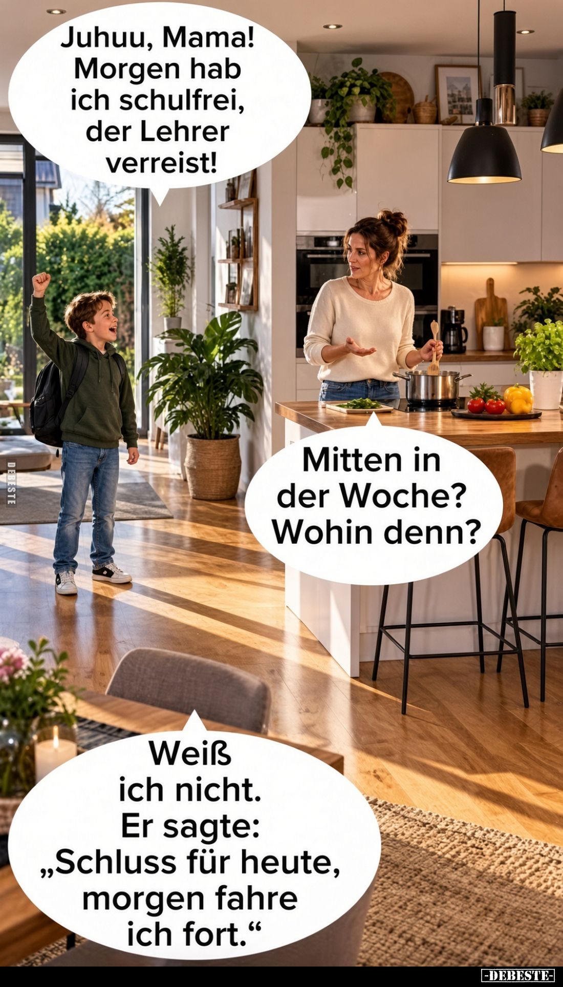 Juhuu, Mama!
Morgen hab ich schulfrei, der Lehrer verreist!
-
Mitten in der Woche?
Wohin denn?
-
Weiß ich nicht.
Er sa...