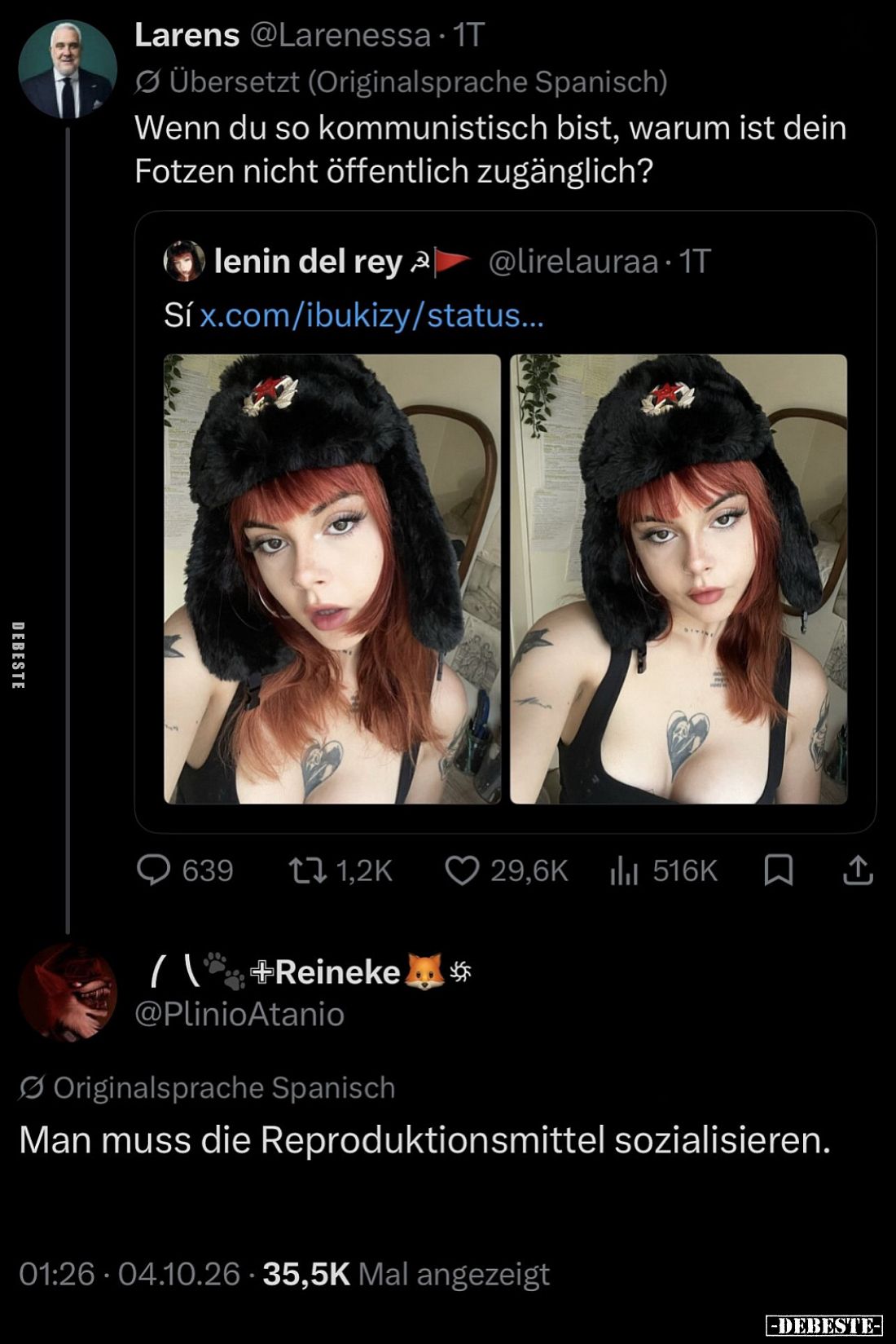 Wenn du so kommunistisch bist, warum ist dein Fotzen nicht öffentlich zugänglich?
Man muss die Reproduktionsmittel soziali...