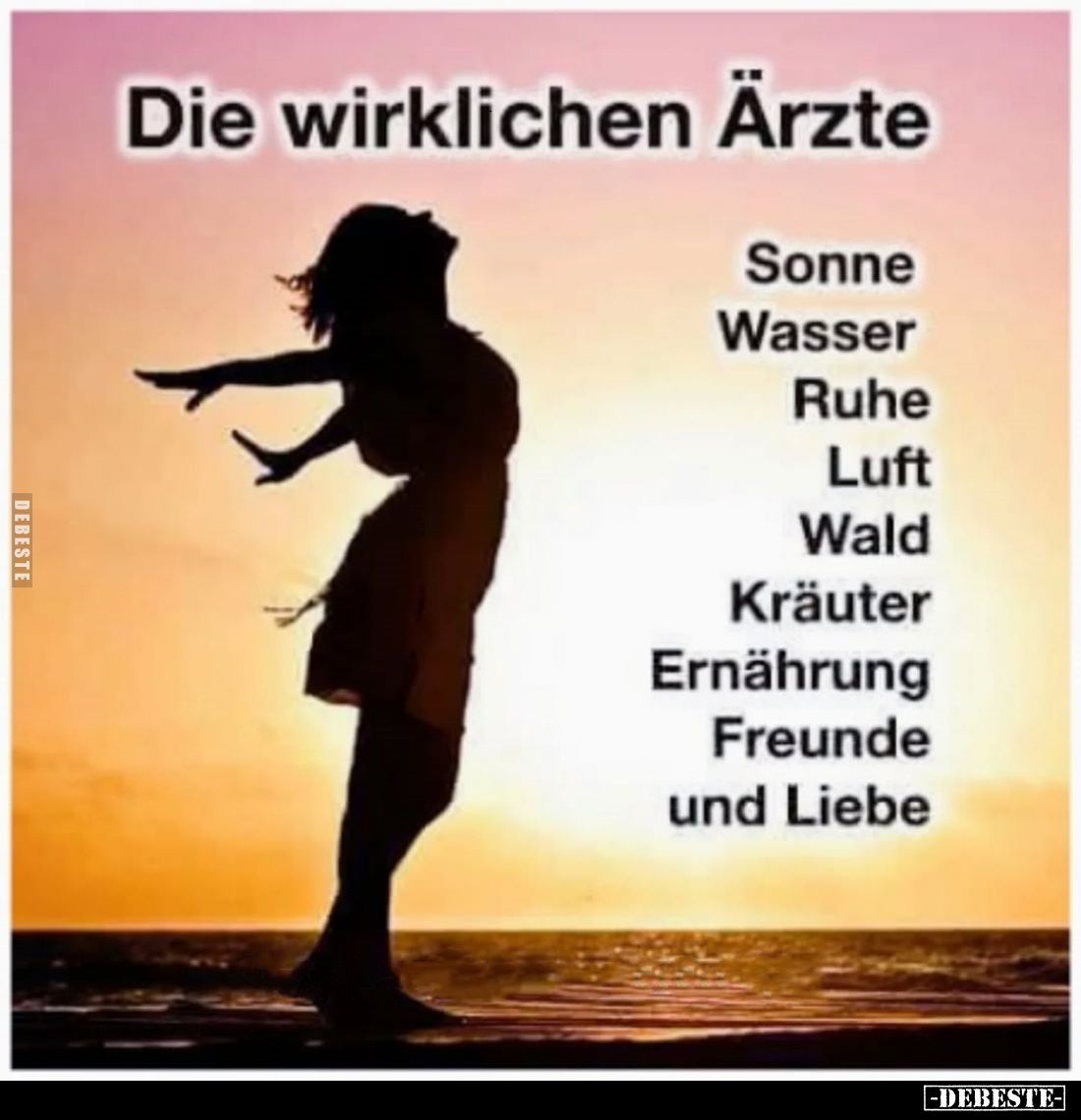 Die wirklichen Ärzte:
Sonne,
Wasser,
Ruhe,
Luft,
Wald,
Kräuter,
Ernährung,
Freunde,
und Liebe.