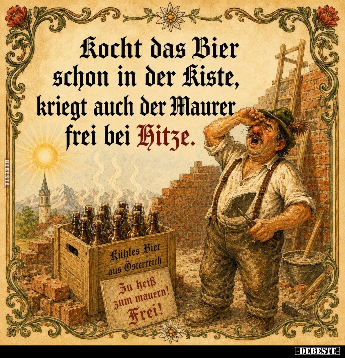 Kocht das Bier schon in der Kiste, kriegt auch der Maurer frei bei Hitze.
Kühles Bier aus Österreich
Zu heiß zum mauern! Fr...