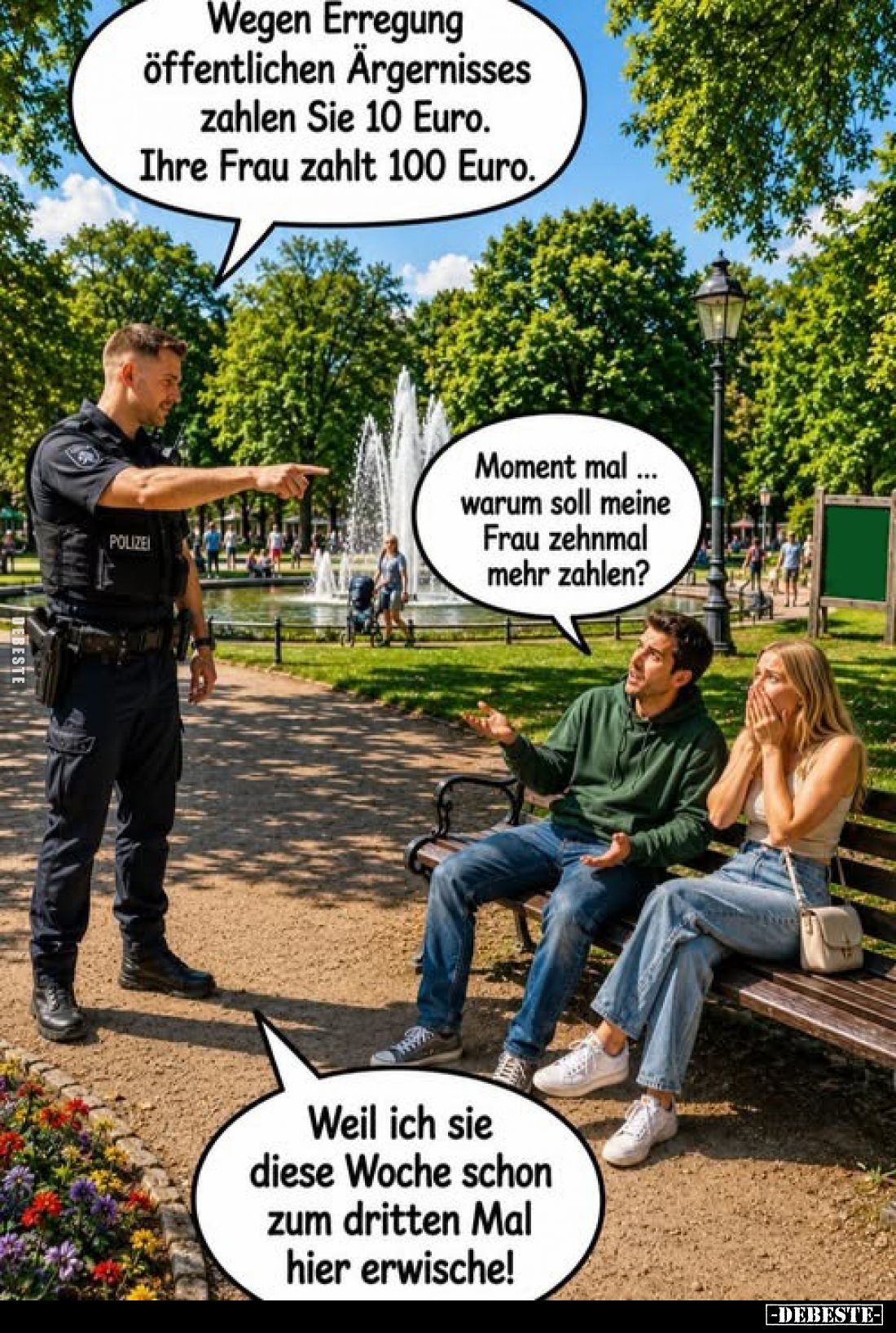 Wegen Erregung öffentlichen Ärgernisses zahlen Sie 10 Euro. Ihre Frau zahlt 100 Euro.

Moment mal warum soll meine Frau zeh...