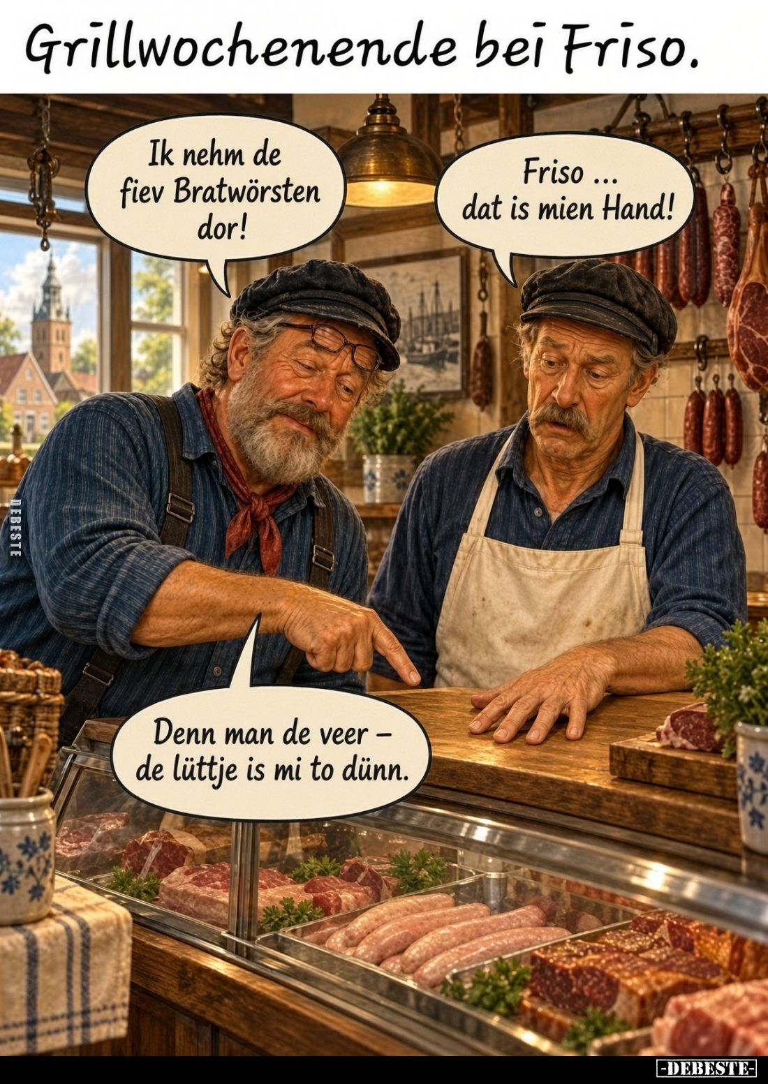 Grillwochenende bei Friso.

Ik nehm de fiev Bratwürsten dor!

Friso ... dat is mien Hand!

Denn man de veer – de lüttje...
