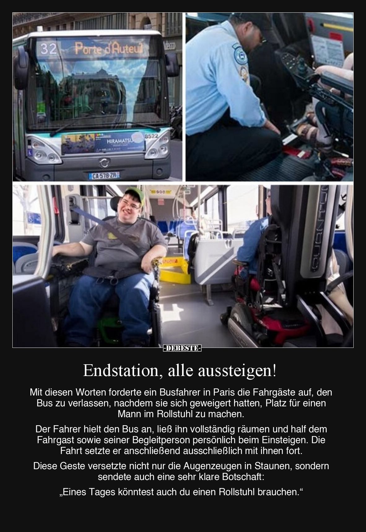 Endstation, alle aussteigen!

Mit diesen Worten forderte ein Busfahrer in Paris die Fahrgäste auf, den Bus zu verlassen, na...