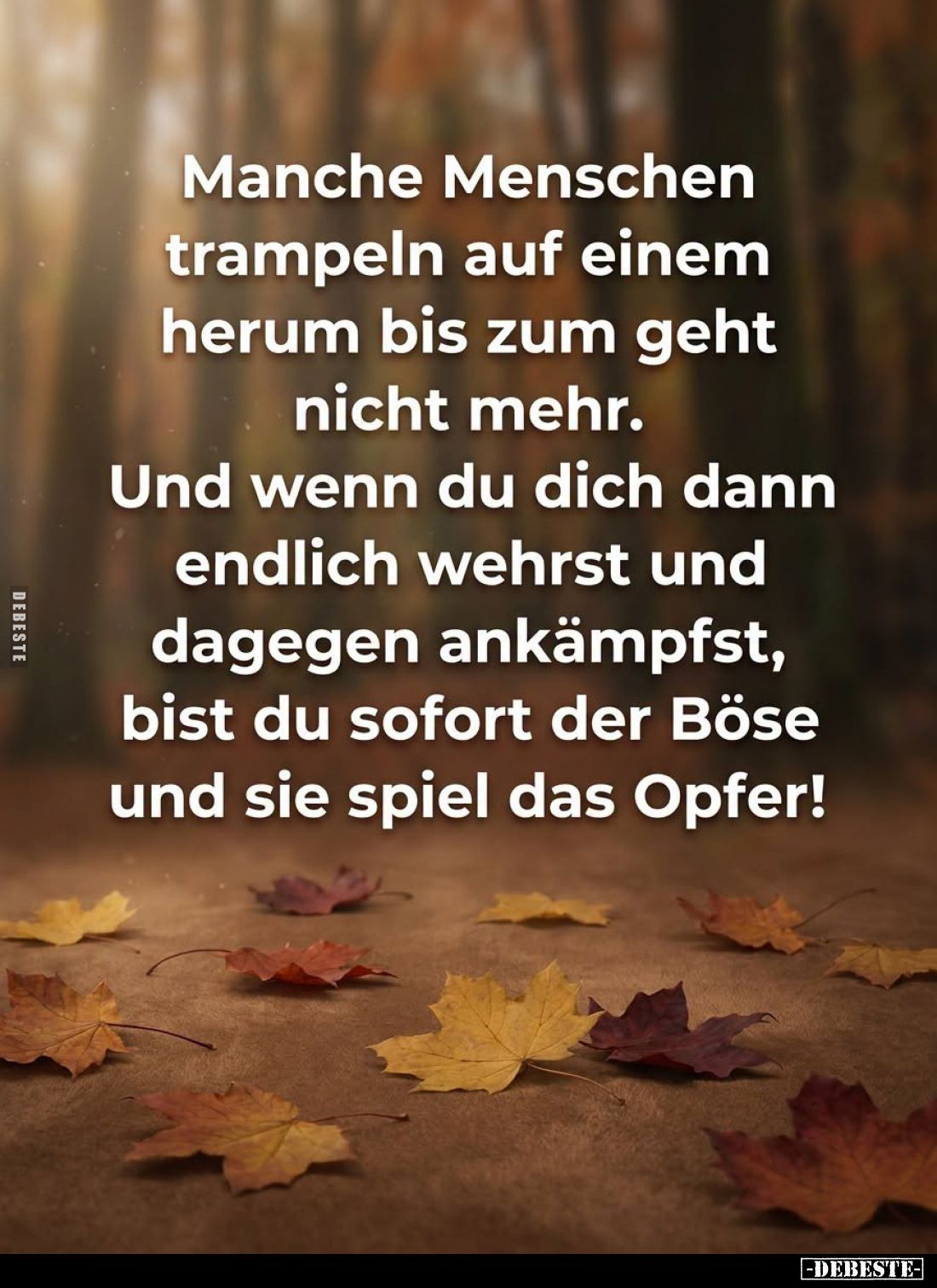 Manche Menschen trampeln auf einem herum bis zum geht nicht mehr.
Und wenn du dich dann endlich wehrst und dagegen ankämpfst...