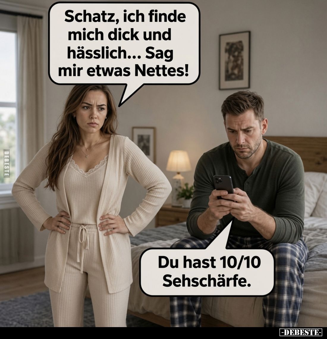 Schatz, ich finde mich dick und hässlich... Sag mir etwas Nettes!

Du hast 10/10 Sehschärfe.