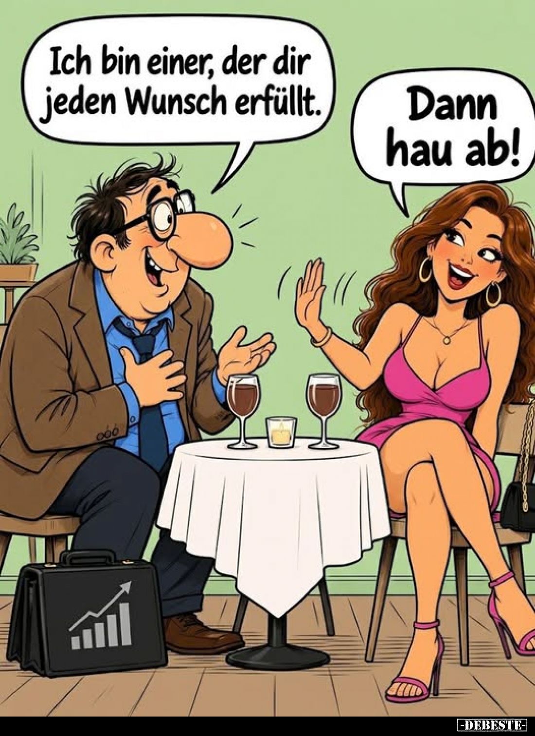 Ich bin einer, der dir jeden Wunsch erfüllt.
-
Dann hau ab!