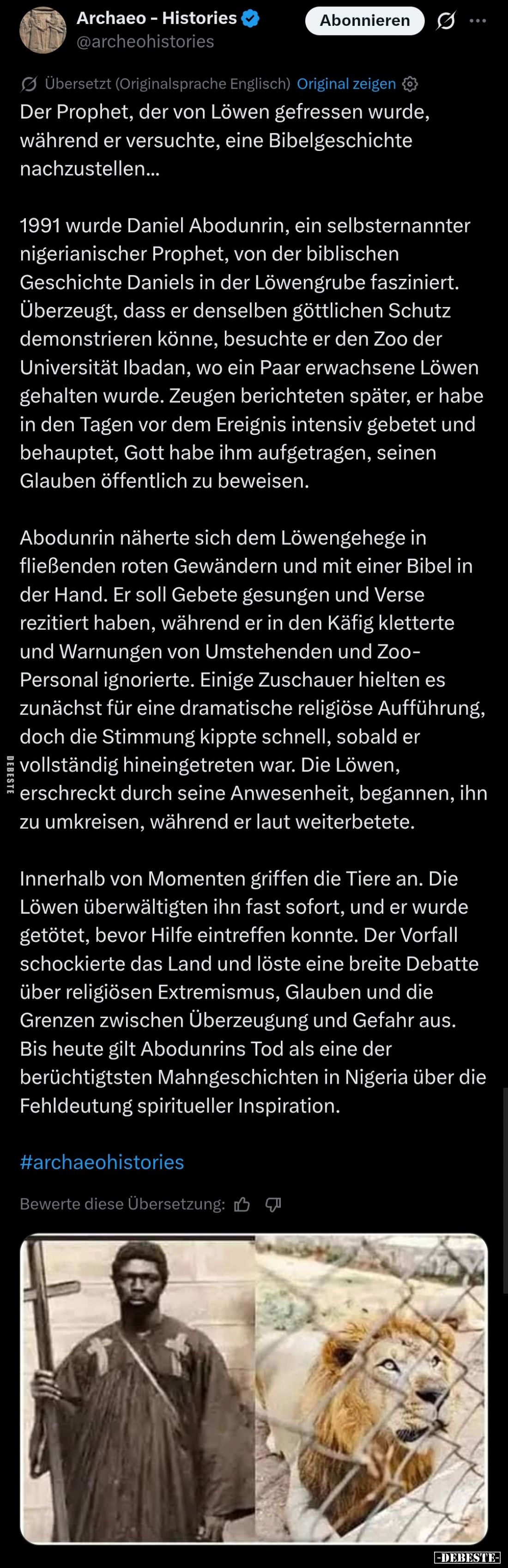 Der Prophet, der von Löwen gefressen wurde, während er versuchte, eine Bibelgeschichte nachzustellen... 1991 wurde Daniel Abo...