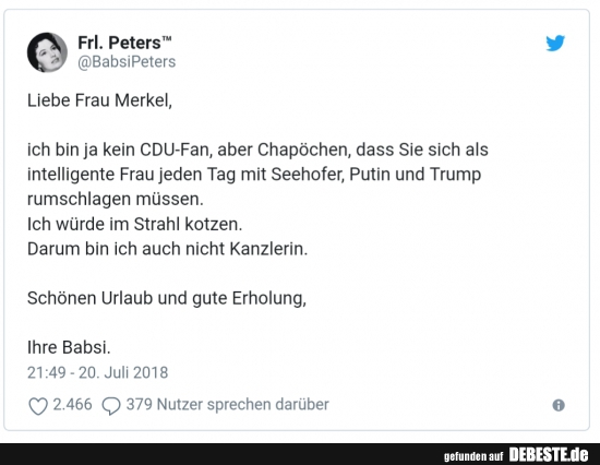 Liebe Frau Merkel,   ich bin ja kein CDU-Fan, aber Chapöchen, dass... - Lustige Bilder | DEBESTE.de