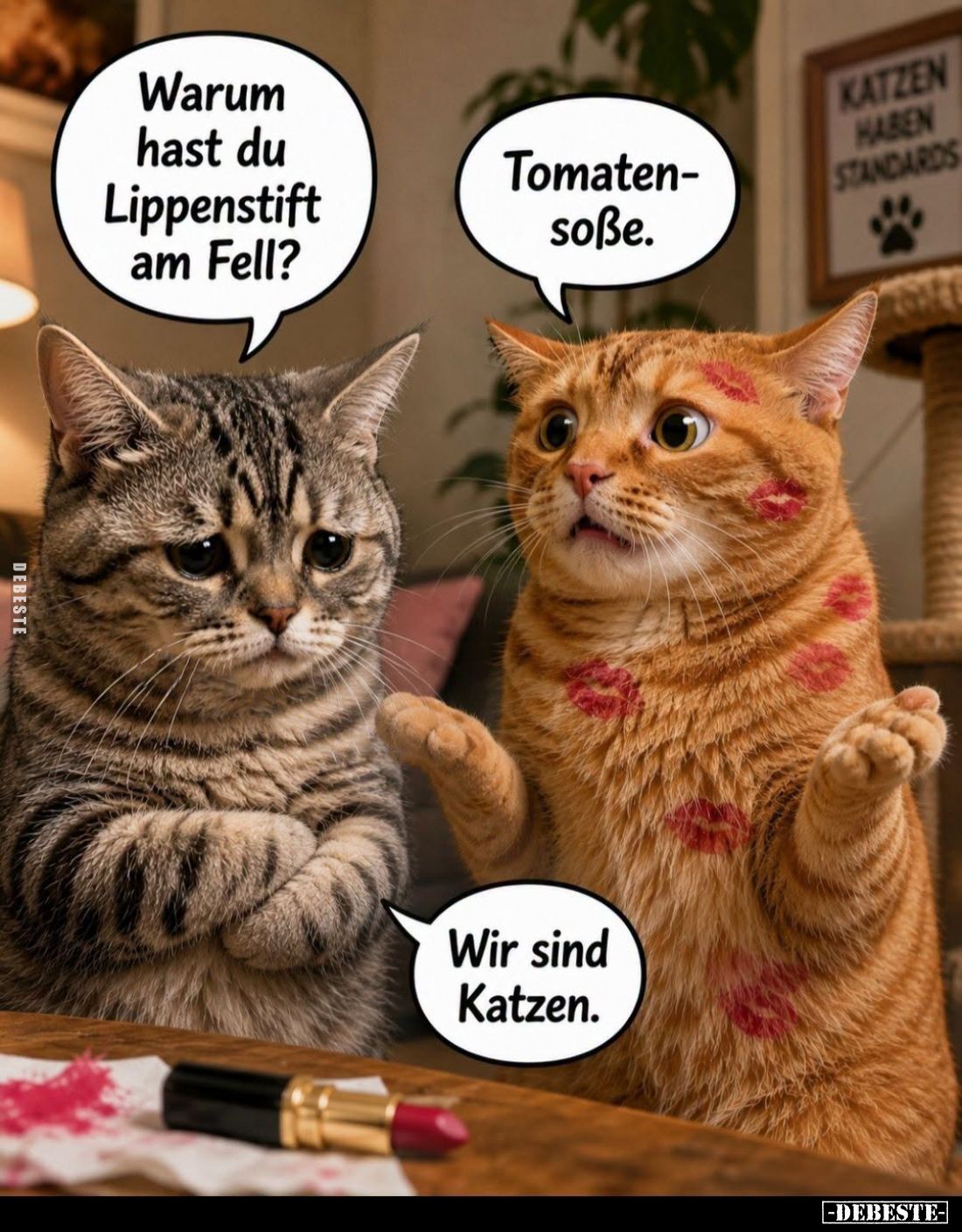 Warum hast du Lippenstift am Fell? -
Tomatensoße. -
Wir sind Katzen.