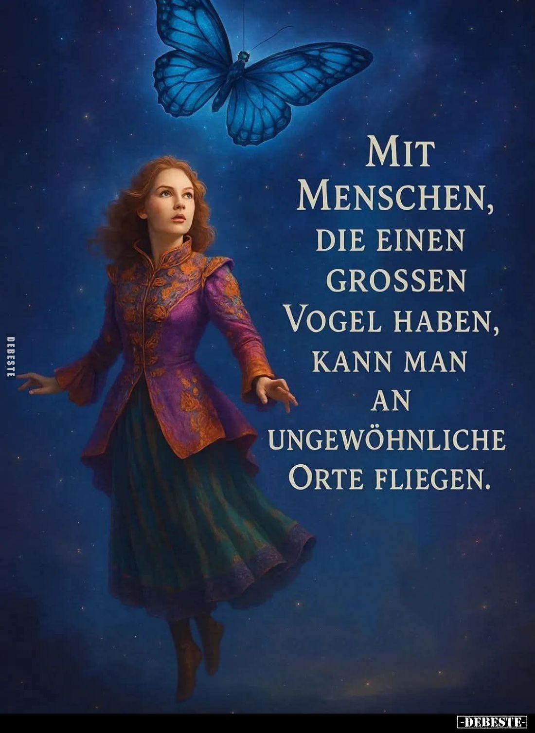 Mit Menschen, die einen großen Vogel haben, kann man an ungewöhnliche Orte fliegen.