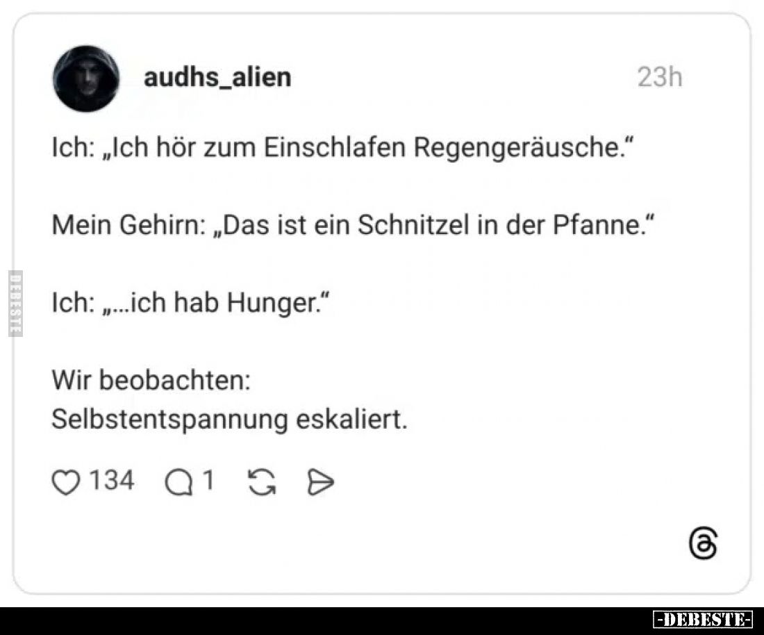 Ich: „Ich hör zum Einschlafen Regengeräusche."
Mein Gehirn: „Das ist ein Schnitzel in der Pfanne."
Ich: ,,...ich ...