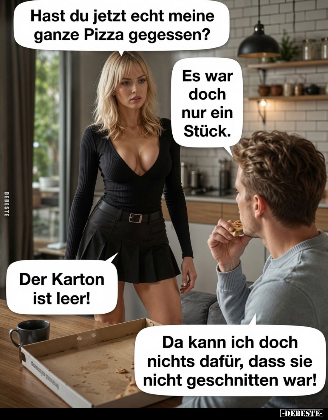 Hast du jetzt echt meine ganze Pizza gegessen?
Es war doch nur ein Stück.
Der Karton ist leer!
Da kann ich doch nichts daf...
