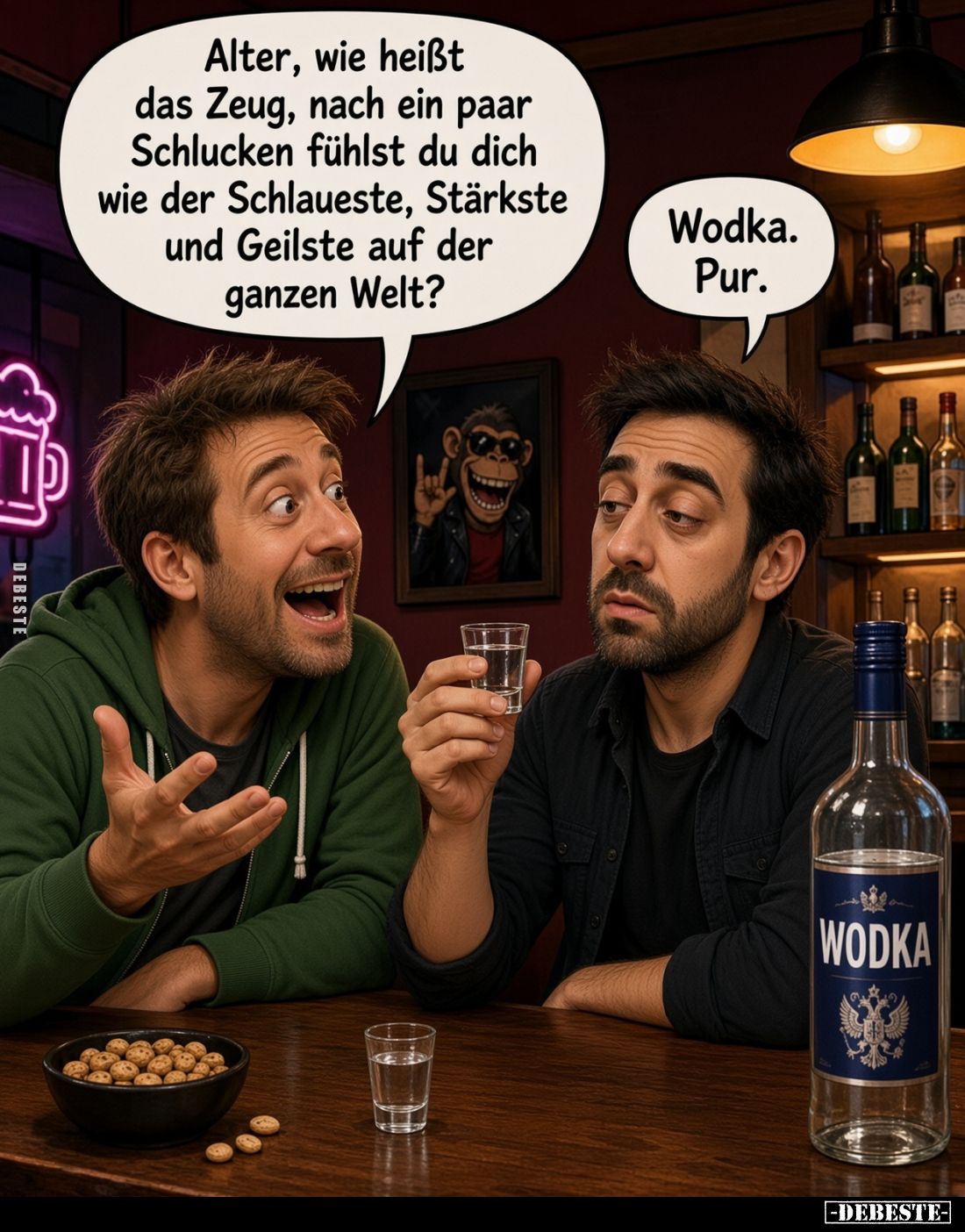 Alter, wie heißt das Zeug, nach ein paar Schlucken fühlst du dich wie der Schlaueste, Stärkste und Geilste auf der ganzen Wel...