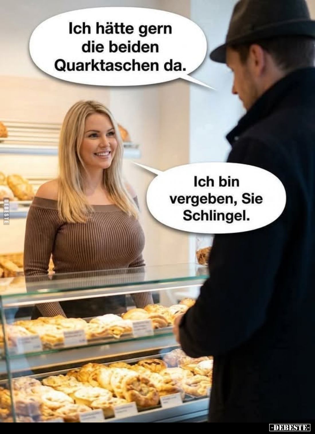 Ich hätte gern die beiden Quarktaschen da.
Ich bin vergeben, Sie Schlingel.
