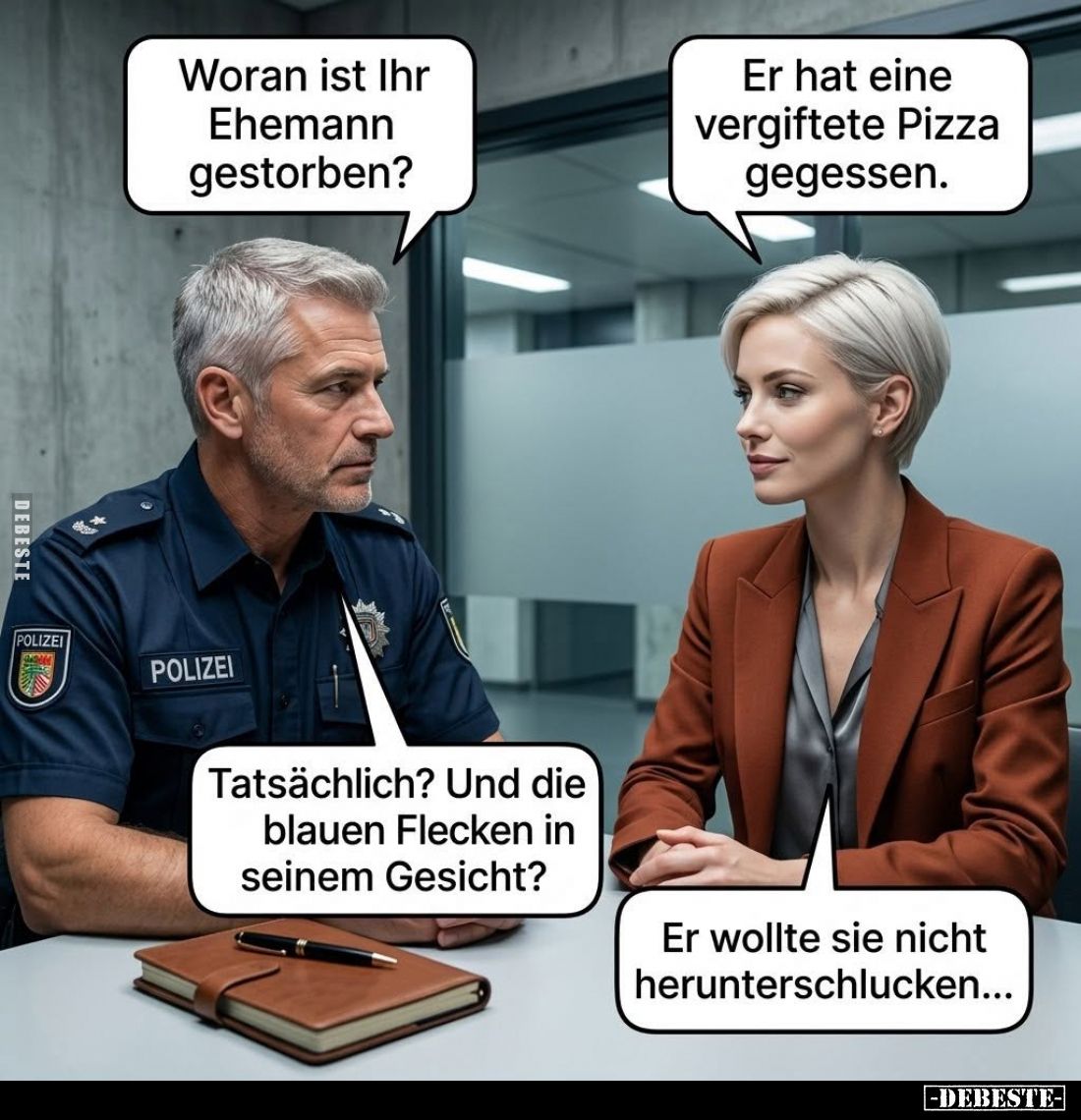 Woran ist Ihr Ehemann gestorben?
-
Er hat eine vergiftete Pizza gegessen.
-
Tatsächlich? Und die blauen Flecken in seinem...