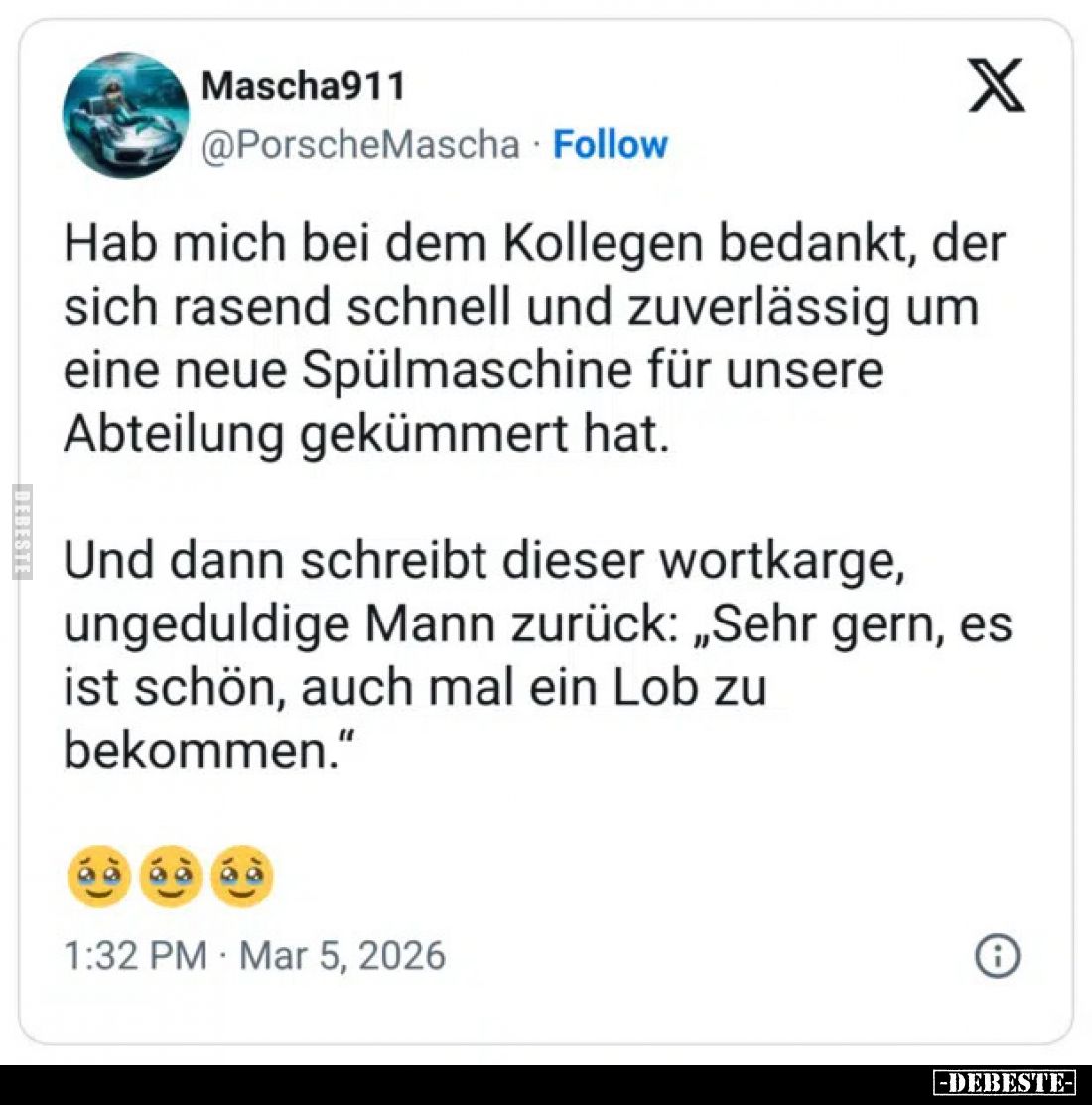 Hab mich bei dem Kollegen bedankt, der sich rasend schnell und zuverlässig um eine neue Spülmaschine für unsere Abteilung gek...