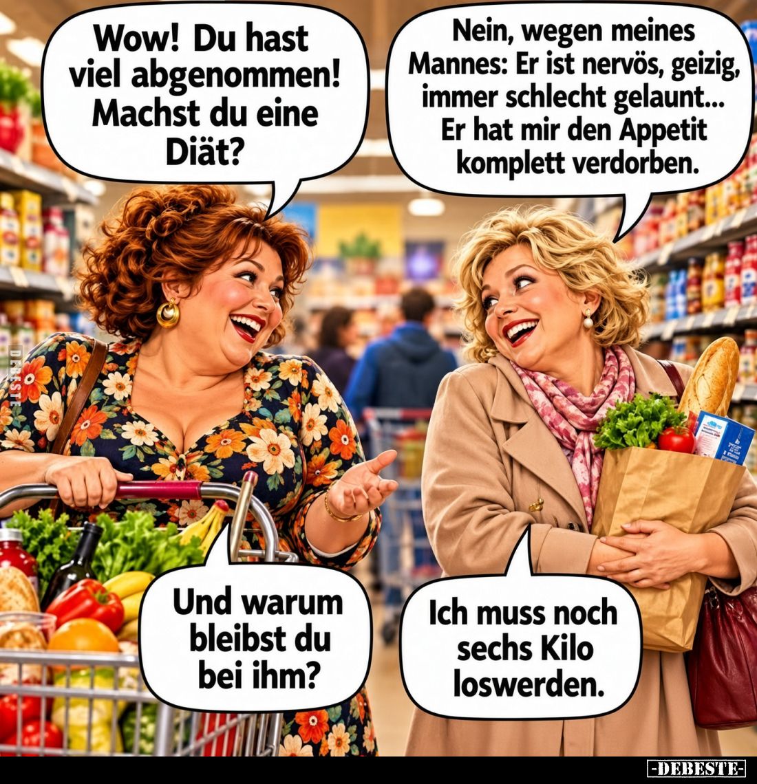 Wow! Du hast viel abgenommen! Machst du eine Diät?
Nein, wegen meines Mannes: Er ist nervös, geizig, immer schlecht ge...