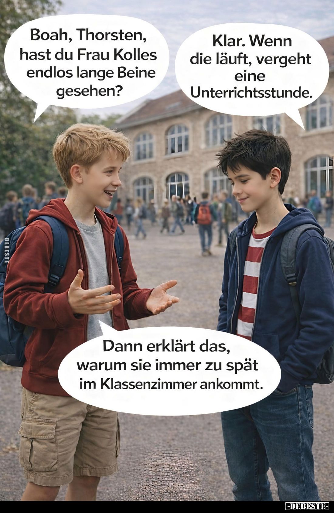 Boah, Thorsten, hast du Frau Kolles endlos lange Beine gesehen? -
Klar. Wenn die läuft, vergeht eine Unterrichtsstunde. -
D...