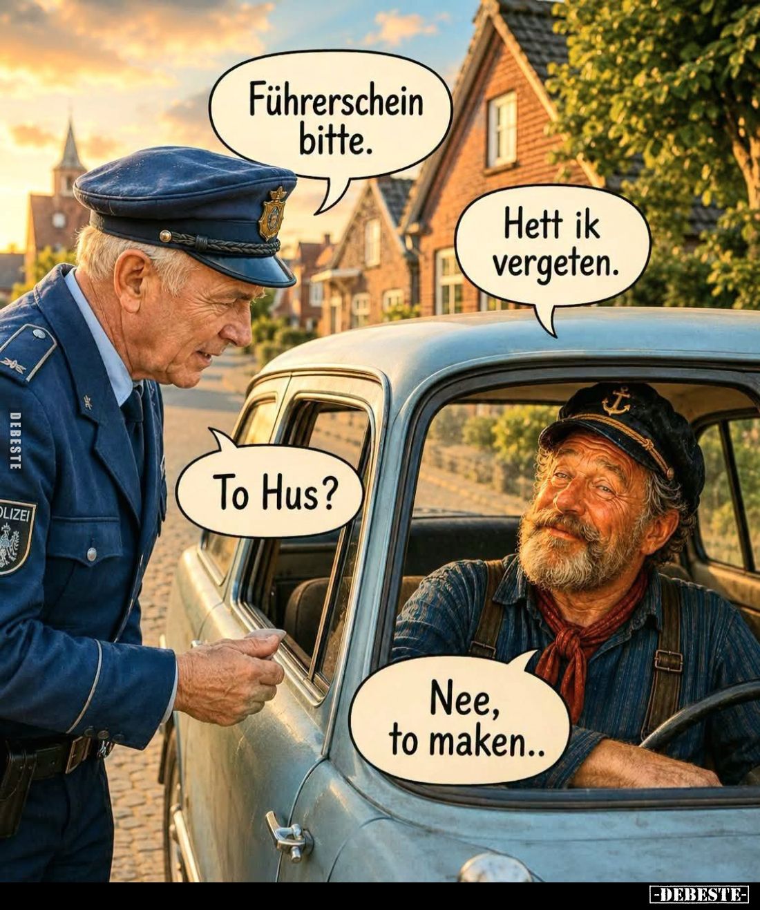 Führerschein bitte.
-
Hett ik vergeten. -
To Hus?
-
Nee, to maken..