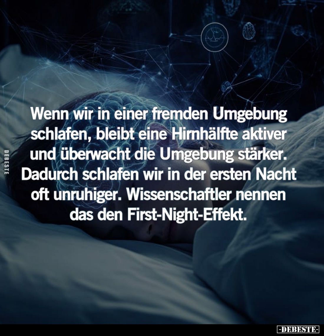 Wenn wir in einer fremden Umgebung schlafen, bleibt eine Hirnhälfte aktiver und überwacht die Umgebung stärker. Dadurch schla...